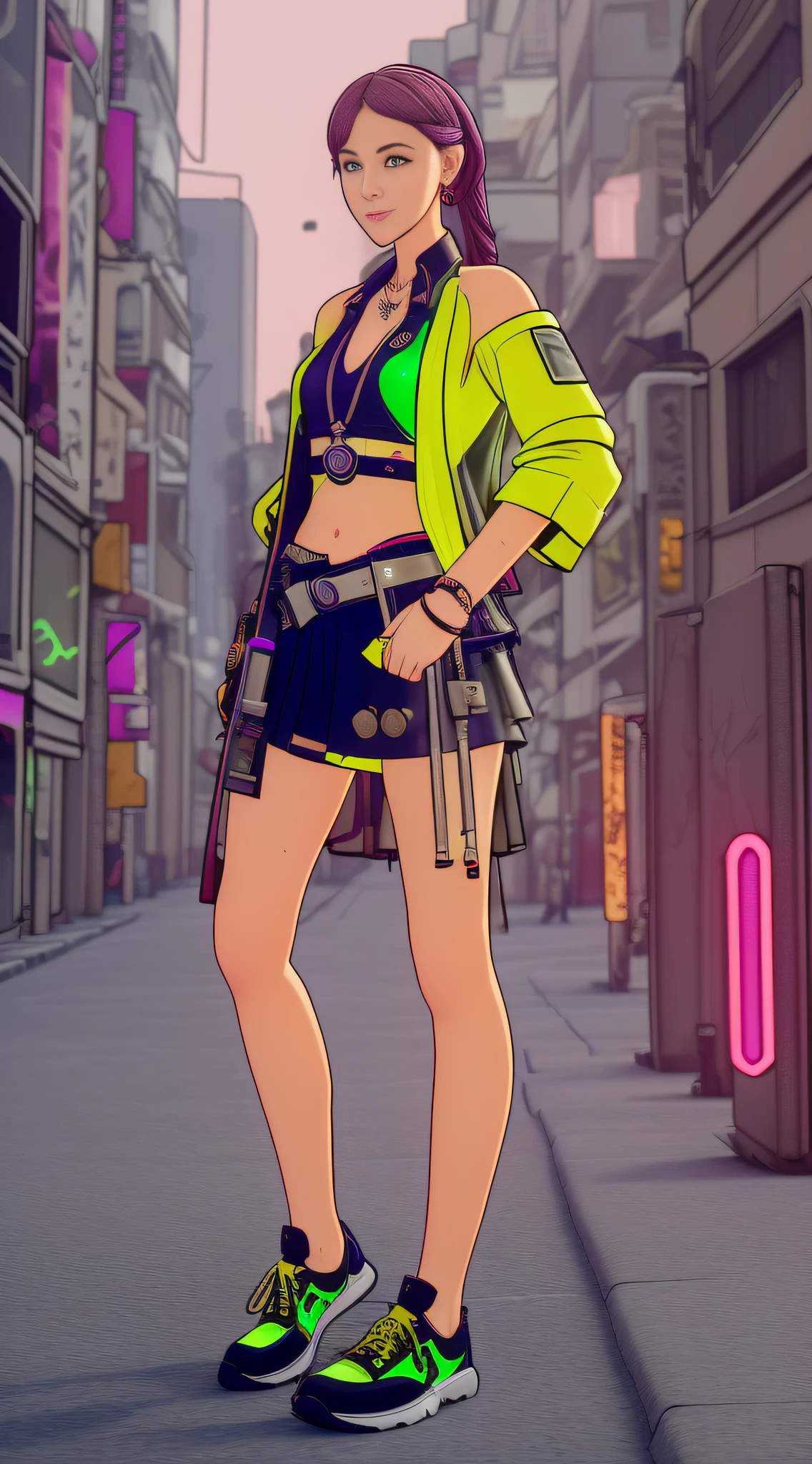 Cyberpunk Girl wearing a phosphorescent yellow green clothes and sneakers