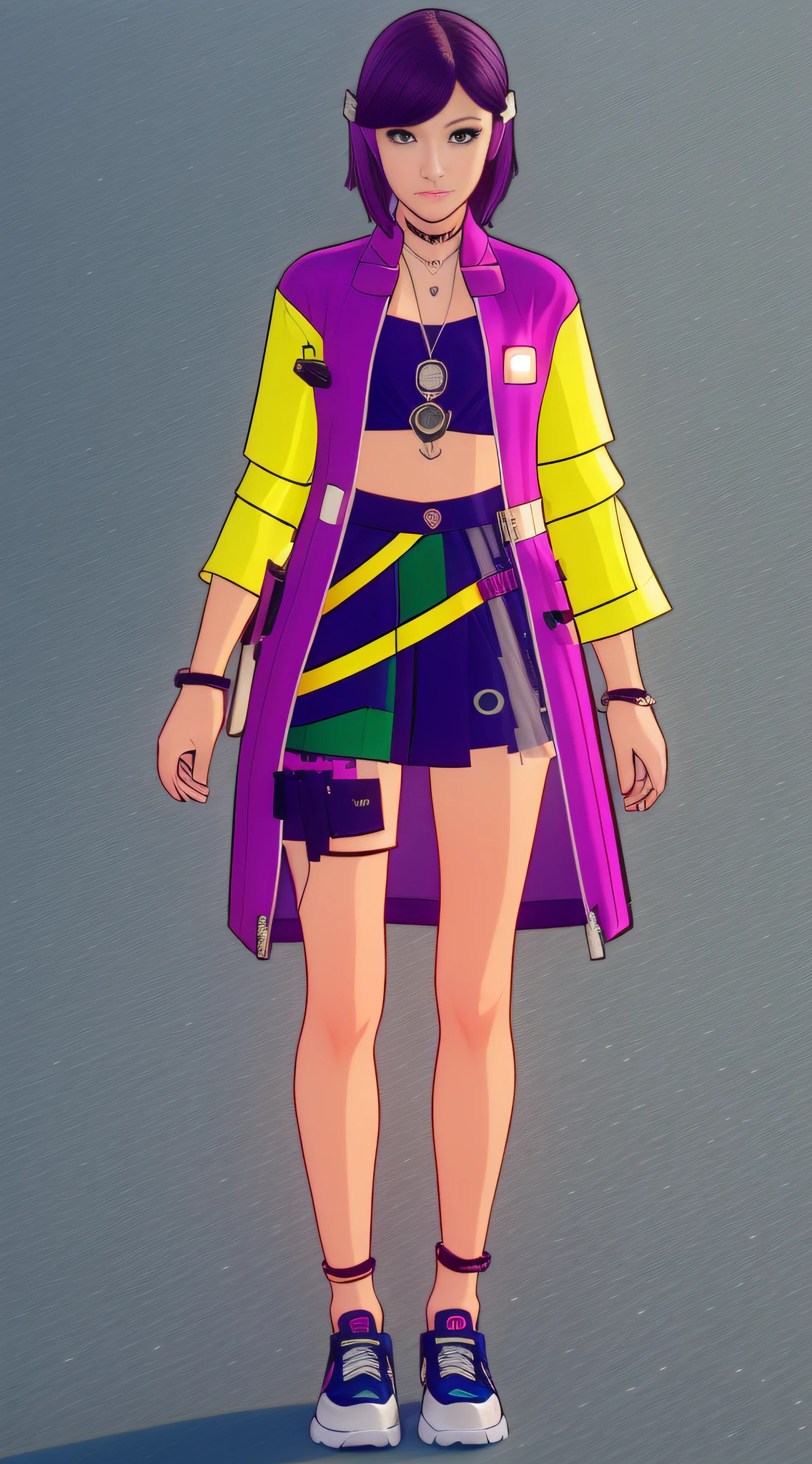 Cyberpunk Girl wearing a phosphorescent yellow green clothes and sneakers