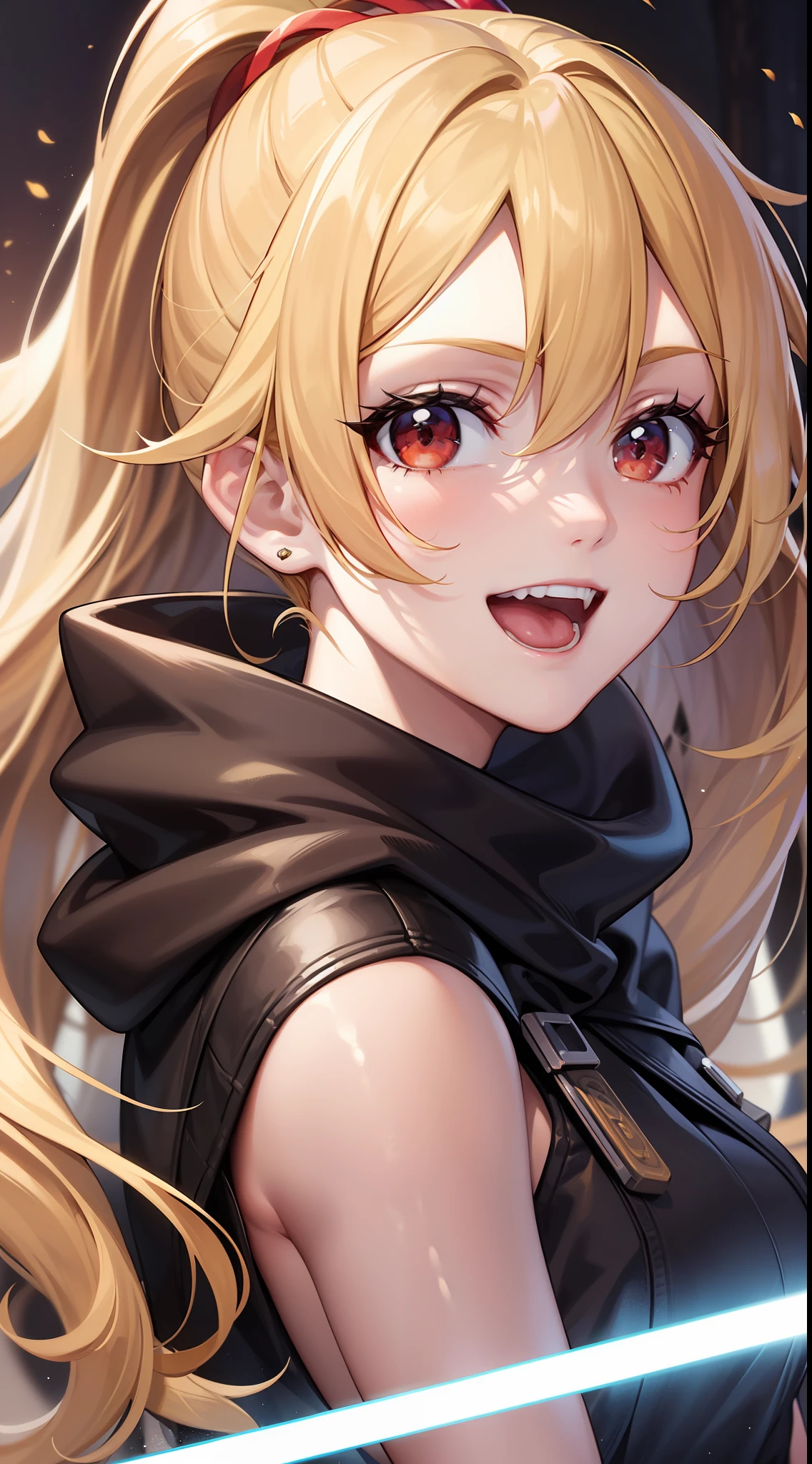 young girl, long yellow hair, high ponytail, red eyes, open Jedi form, Smile, open mouth, Masterpiece, high qulity