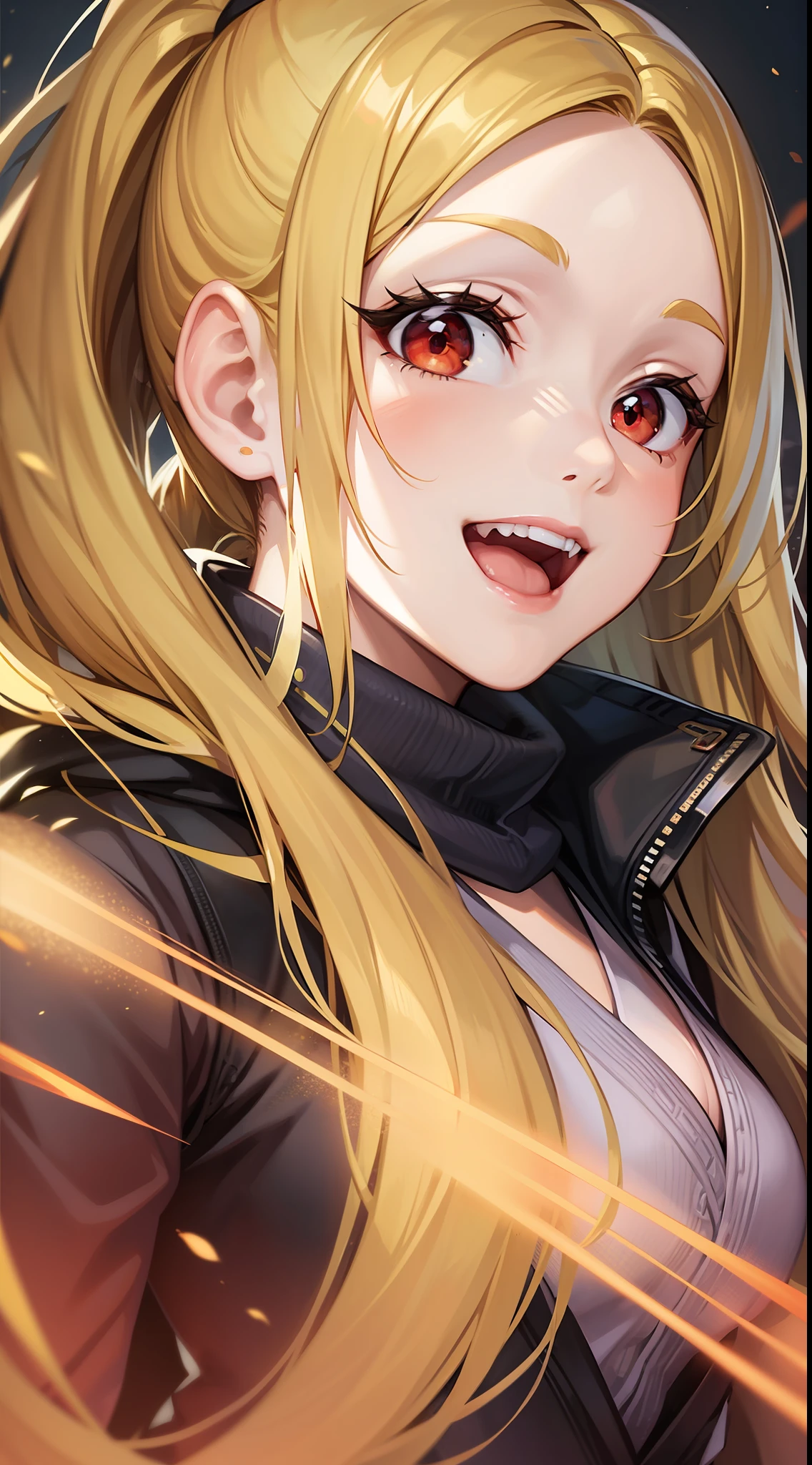 young girl, long yellow hair, high ponytail, red eyes, open Jedi form, Smile, open mouth, Masterpiece, high qulity