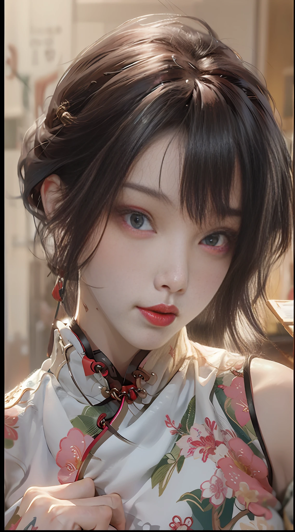 {{masterpaintings}}，{{the best quality}}}，{super-fine}，{{The best lighting}}，{{The best shadow，Extremely delicate}}，dynamic angle，{{glitters}}，{{illustration}}，{{painting of a}}，[[sketching]]，1Women，solo，Middle age，skin fair，There are necklaces，gray hairs，Short Hair Hair，skin fair，dark eye，eye glass，(((on cheongsam)))，The features are clear，Detailed eyes，photorealestic，((((Redlip))))，Wash the painting，white theme，Charming，