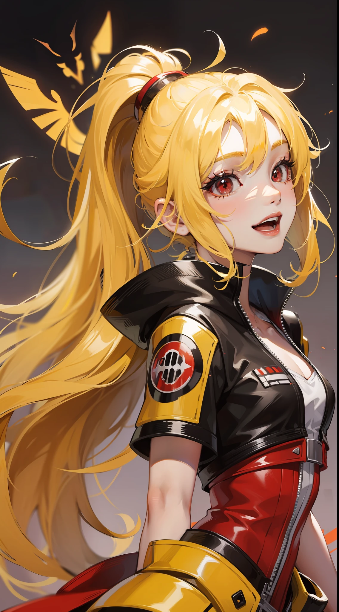young girl, long yellow hair, high ponytail, red eyes, open Jedi form, Smile, open mouth, Masterpiece, high qulity