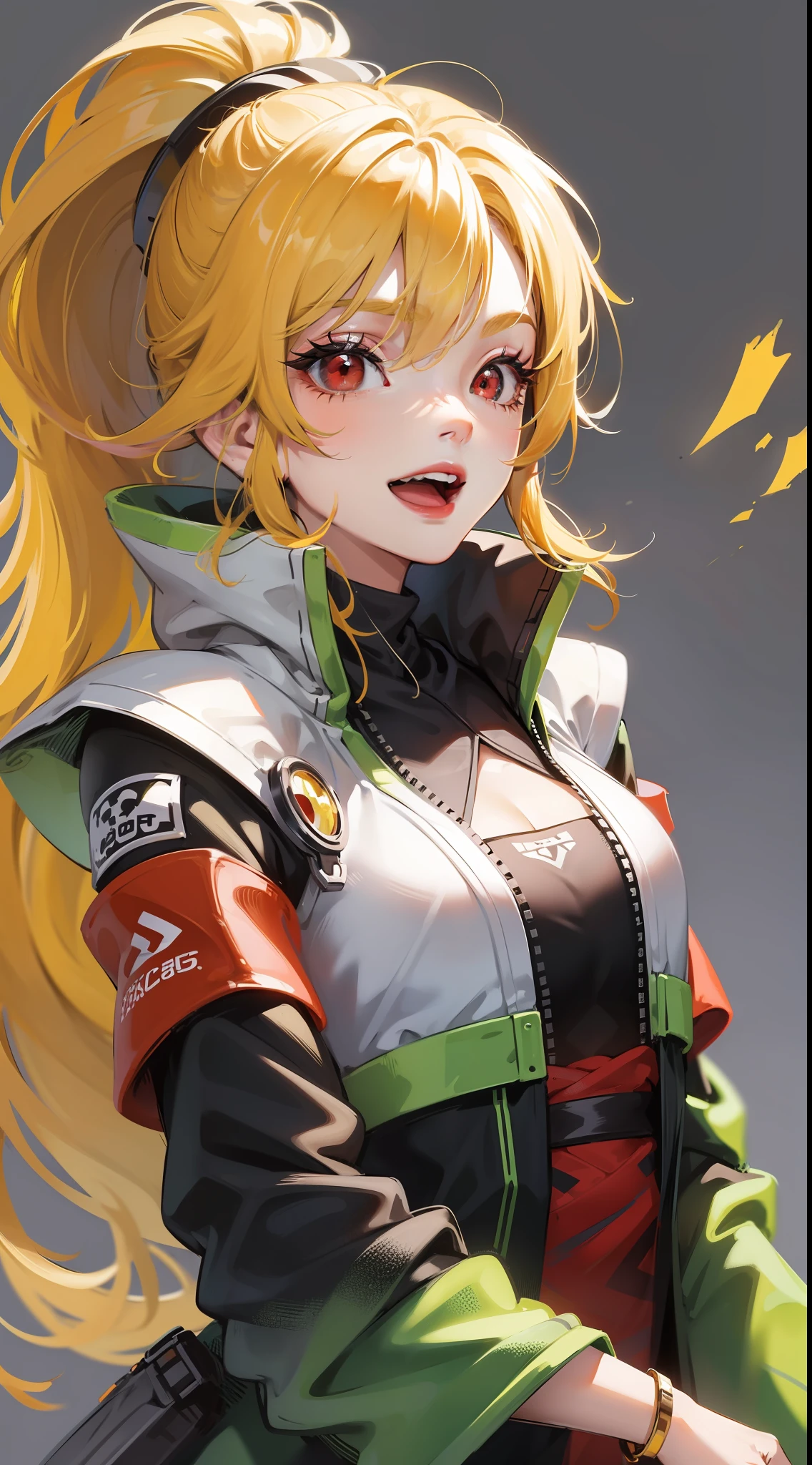 young girl, long yellow hair, high ponytail, red eyes, open Jedi form, Smile, open mouth, Masterpiece, high qulity