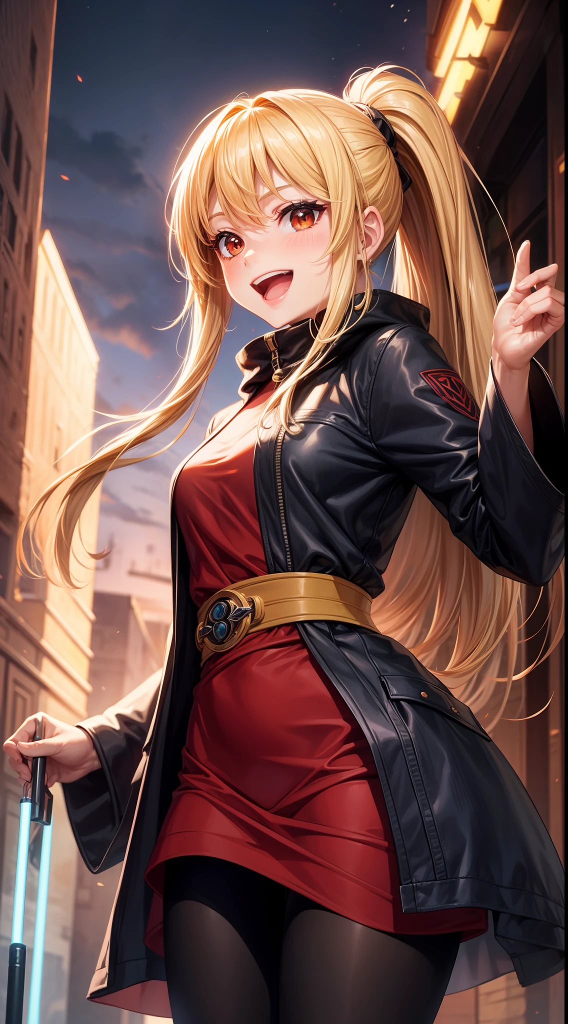 young girl, long yellow hair, high ponytail, red eyes, open Jedi form, Smile, open mouth, Masterpiece, high qulity