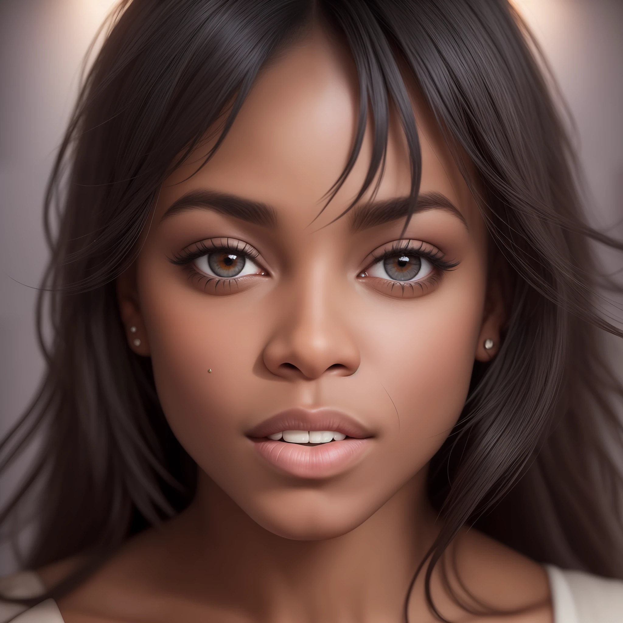 black female blkmndy, aggression, flirting with the camera, natural skin texture, hyper realism soft light, close up portrait photo by Annie Leibovitz, film, studio lighting, detailed skin, ultra realistic, bokeh, sharp feature