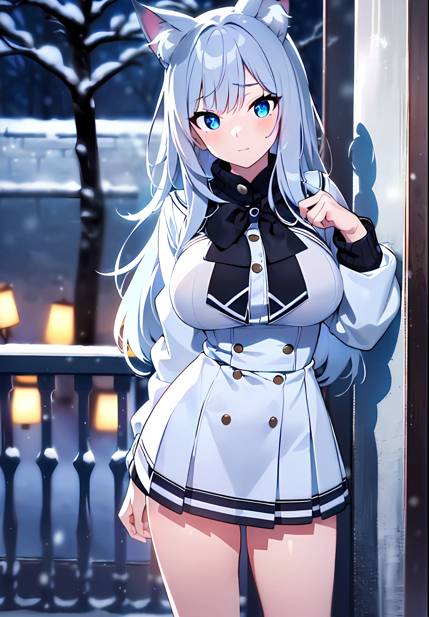 (sunaookami shiroko:1.2), {{{{masterpiece, extremely detailed, intricate details, soft focus, 8K, highres, depth of field, absurdres, high quality facial shadowing, dynamic shadowing, extreme shaders, cinematic lighting, perfect lighting, soft lighting, hazy lighting, blurry foreground, lens flare}}}}, best quality, asian qualities, {front view}, (solo:1.2), (beautiful young girl:1.3), high school girl, {{{extremely detailed girl, perfect anatomy, perfect body}}},(detailed cat ears:1.3), bright neon blue cat ears:1.1, (beautiful-detailed hair:1.3), (dark-silver hair:1.3), long luscious hair, (multi-layered hair:1.5), (hair splayed out:1.2), beautiful-detailed facial structure, detailed beautiful face:1.3, sexy face, cute face, slender facial structure, (detailed face:1.33), big eyes, (detailed glowing eyes:1.1), glowing bright blue eyes, (detailed facial expression:1.1), shy, detailed-slight red blush, (detailed boobs:1.2), medium size boobs, (slim waist:1.1), (slim legs:1.1), standing up, (winter school uniform:1.3), (detailed pure white winter school jacket:1.2), (detailed pure white checkered winter school skirt:1.2), (detailed pure white socks:1.2), (detailed black school shoes:1.3), winter night, (enhanced background:1.4), snow falling at midnight with clear skies overhead with a waterfall in the background, snow on sidewalks with Christmas lights on tree's surrounded the viewer, (full body shot:1.1), hazy photo, (warm photo:1.3)