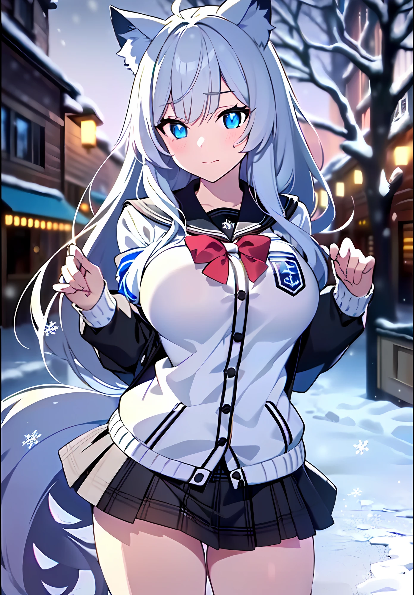 (sunaookami shiroko:1.2), {{{{masterpiece, extremely detailed, intricate details, soft focus, 8K, highres, depth of field, absurdres, high quality facial shadowing, dynamic shadowing, extreme shaders, cinematic lighting, perfect lighting, soft lighting, hazy lighting, blurry foreground, lens flare}}}}, best quality, asian qualities, {front view}, (solo:1.2), (beautiful young girl:1.3), high school girl, {{{extremely detailed girl, perfect anatomy, perfect body}}},(detailed cat ears:1.3), bright neon blue cat ears:1.1, (beautiful-detailed hair:1.3), (dark-silver hair:1.3), long luscious hair, (multi-layered hair:1.5), (hair splayed out:1.2), beautiful-detailed facial structure, detailed beautiful face:1.3, sexy face, cute face, slender facial structure, (detailed face:1.33), big eyes, (detailed glowing eyes:1.1), glowing bright blue eyes, (detailed facial expression:1.1), shy, detailed-slight red blush, (detailed boobs:1.2), medium size boobs, (slim waist:1.1), (slim legs:1.1), standing up, (winter school uniform:1.3), (detailed pure white winter school jacket:1.2), (detailed pure white checkered winter school skirt:1.2), (detailed pure white socks:1.2), (detailed black school shoes:1.3), winter night, (enhanced background:1.4), snow falling at midnight with clear skies overhead with a waterfall in the background, snow on sidewalks with Christmas lights on tree's surrounded the viewer, (full body shot:1.1), hazy photo, (warm photo:1.3)