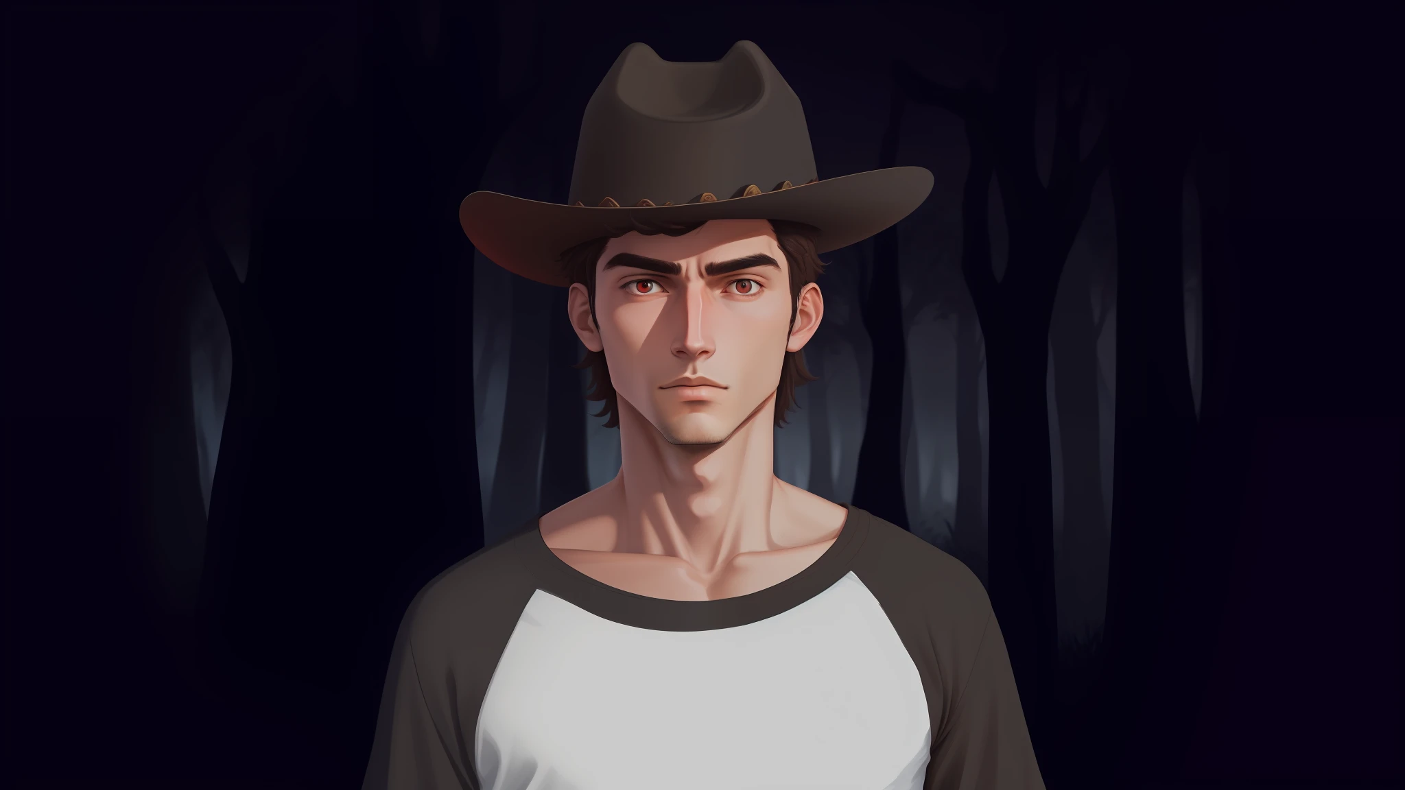 A young man with the characteristics of the reference on a Dark florest with trees and red eyes of creatures behind, brown cowboy hat