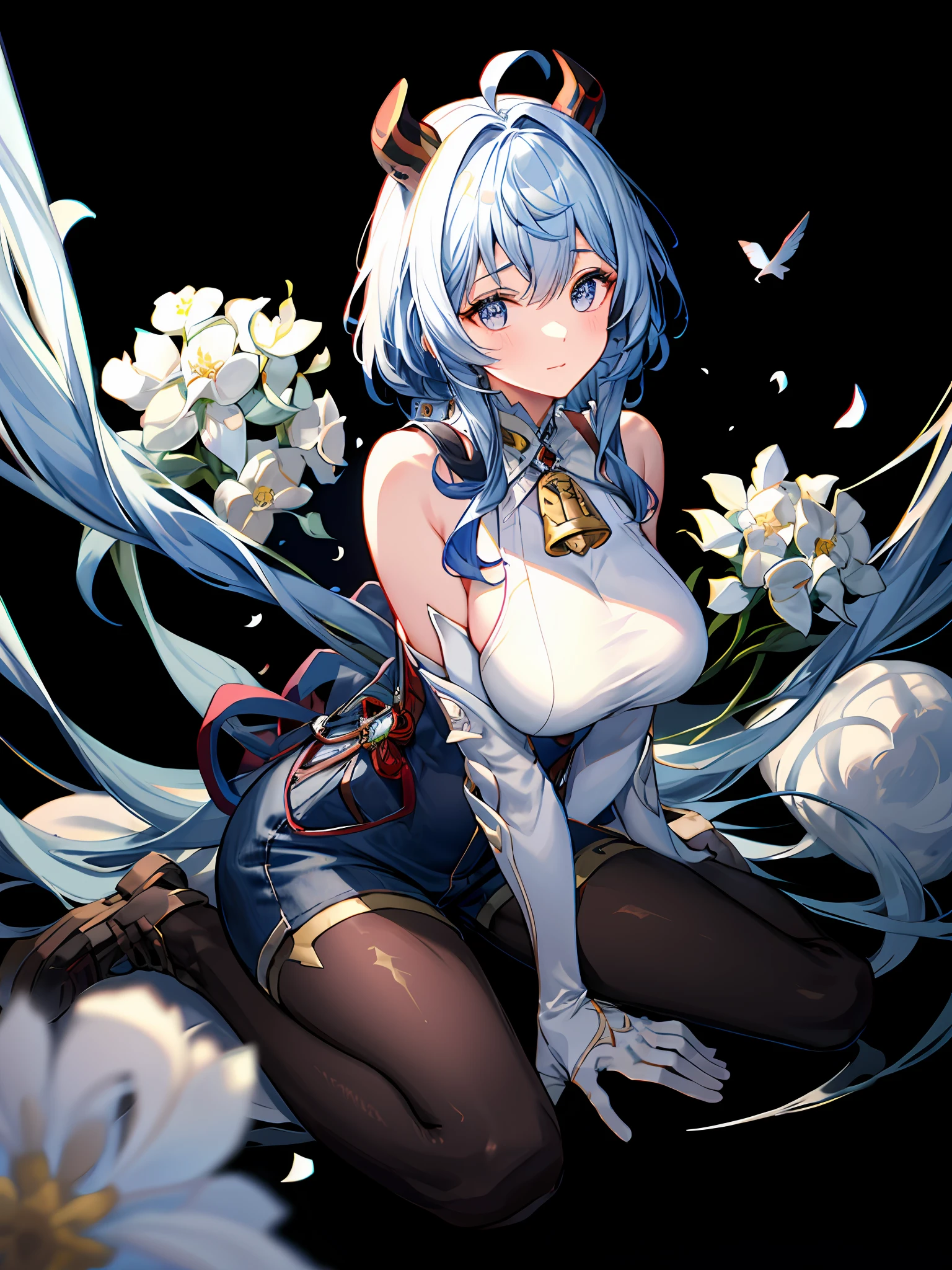 Young beautiful girl,Super meticulous,Official fine art,Unity 8k wallpaper,denim short,White T-shirt,Canvas shoes,backpacks,Lunette de soleil,((巨作,Best quality)),(Negative space:1.4),(1girl huge large breasts, solo:1.4),Beautiful detailed eyes,floating light blue short hair, dark red horns, bell on her neck, sleeveless black shirt, Black stockings, white separate sleeves, sitting on a cloud surrounded by fluffy clouds and small white flowers,gros-plan,1girl huge large breasts (masterpaintings) (beste-Quality) (shinny hair) (shiny shiny skin), Gan Yu\(genshinimpact\), lightblue hair,Shopping in the mall