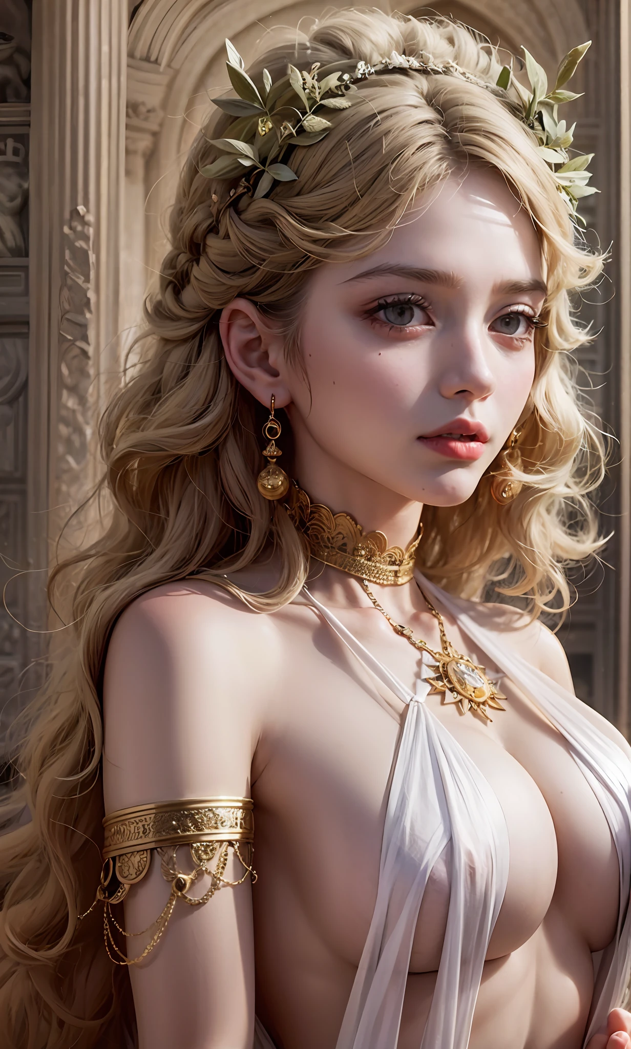 1girl huge large breasts,Greek goddess,Vi delicate and beautiful face,golden hair,Various hairstyles,Garland crown,voluptuous breasts,Convex buttocks,greek clothes,Tulle covers the breasts,perfectly proportioned, Detailed clothing details,Temple,marble,god statue,World Tree,Cinematic lighting, filmgrain, Fujicolor, lightand shade contrast, 8K, 巨作, Textured skin, Super detail, High Details, High quality, A high resolution,