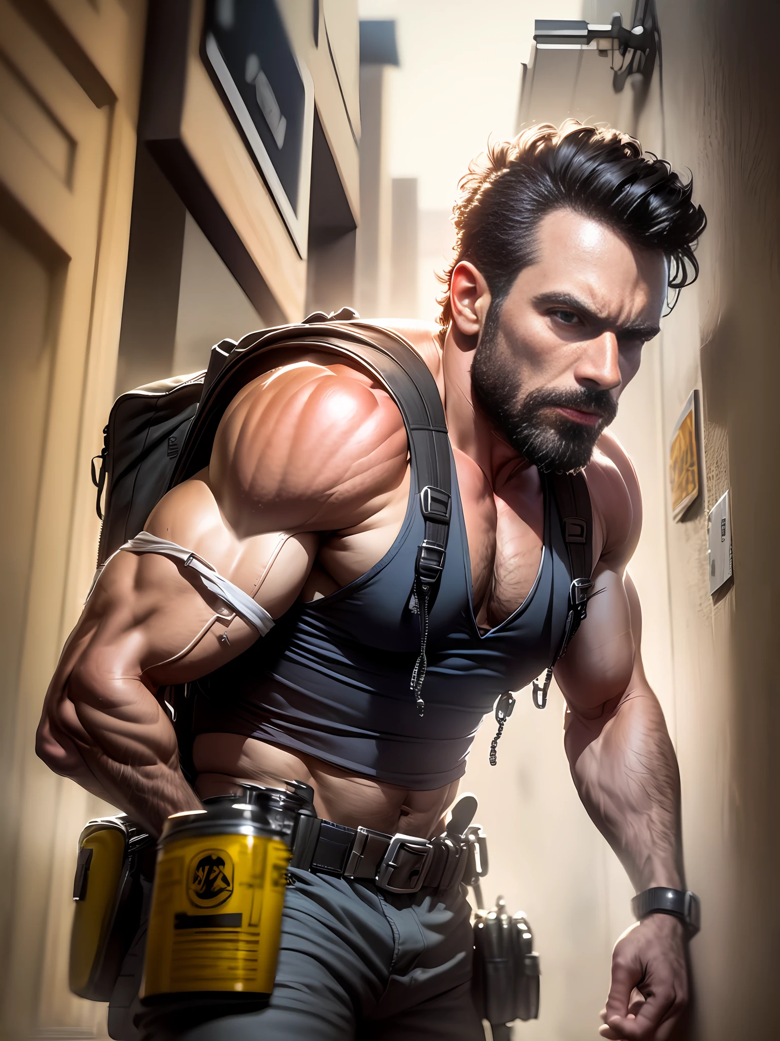 Alden is a strong muscular man, street angry, backpack, epic realistic, photo, faded, complex stuff around, intricate background, soaking wet, neutral colors, ((((hdr)))), ((((muted colors)))), intricate scene, artstation, intricate details, vignette