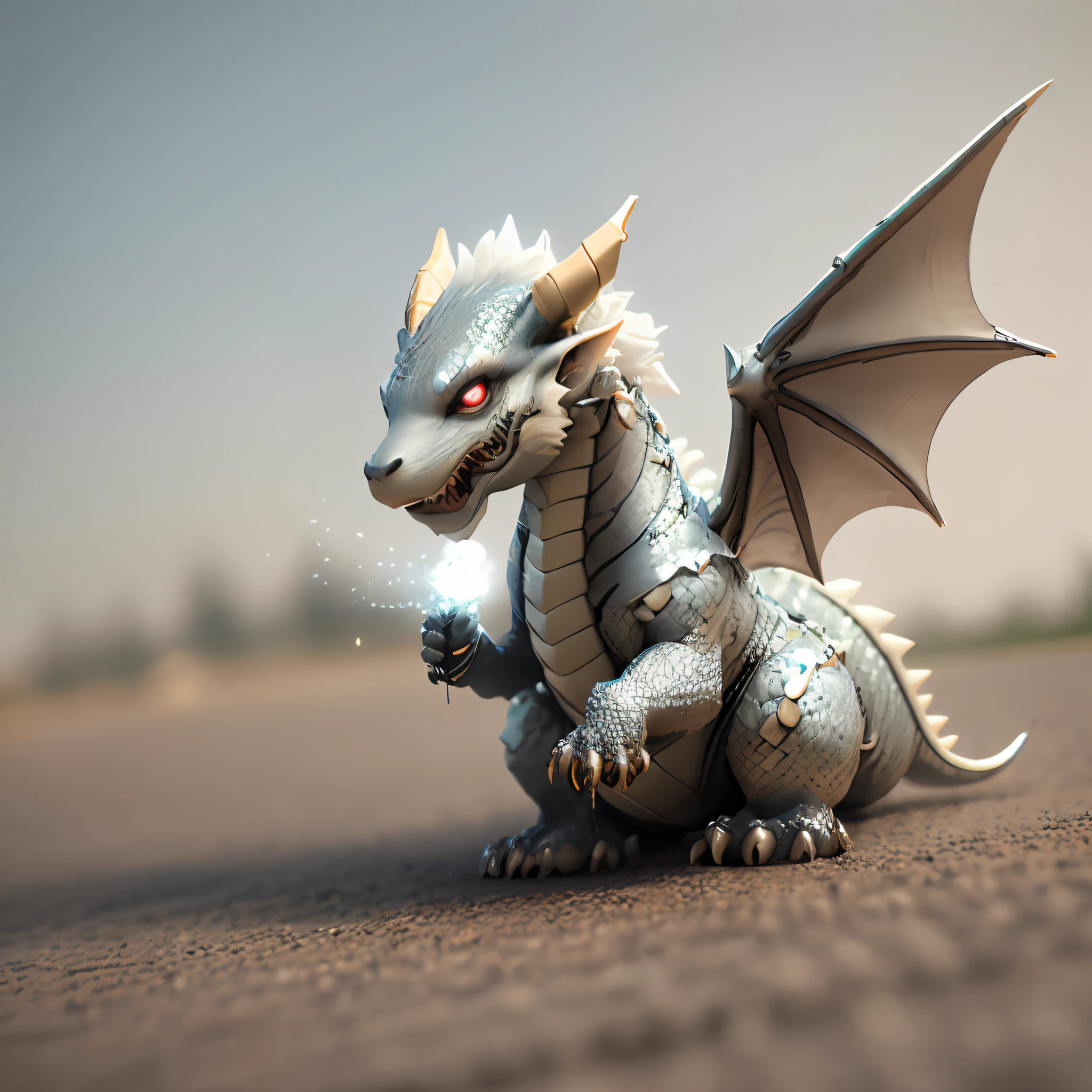 Silver dragon,Delicate skin,Wing carving,Gorgeous particle effects,Delicate dragon claws,Red eyes portrayed,Delicate hair,Popmart blind box,Clay texture,Treading on the ground,Black and white background,natural day light,the best quality,hyper-detailing,3D art,C4D, OC renderer, a 3D render, 8K