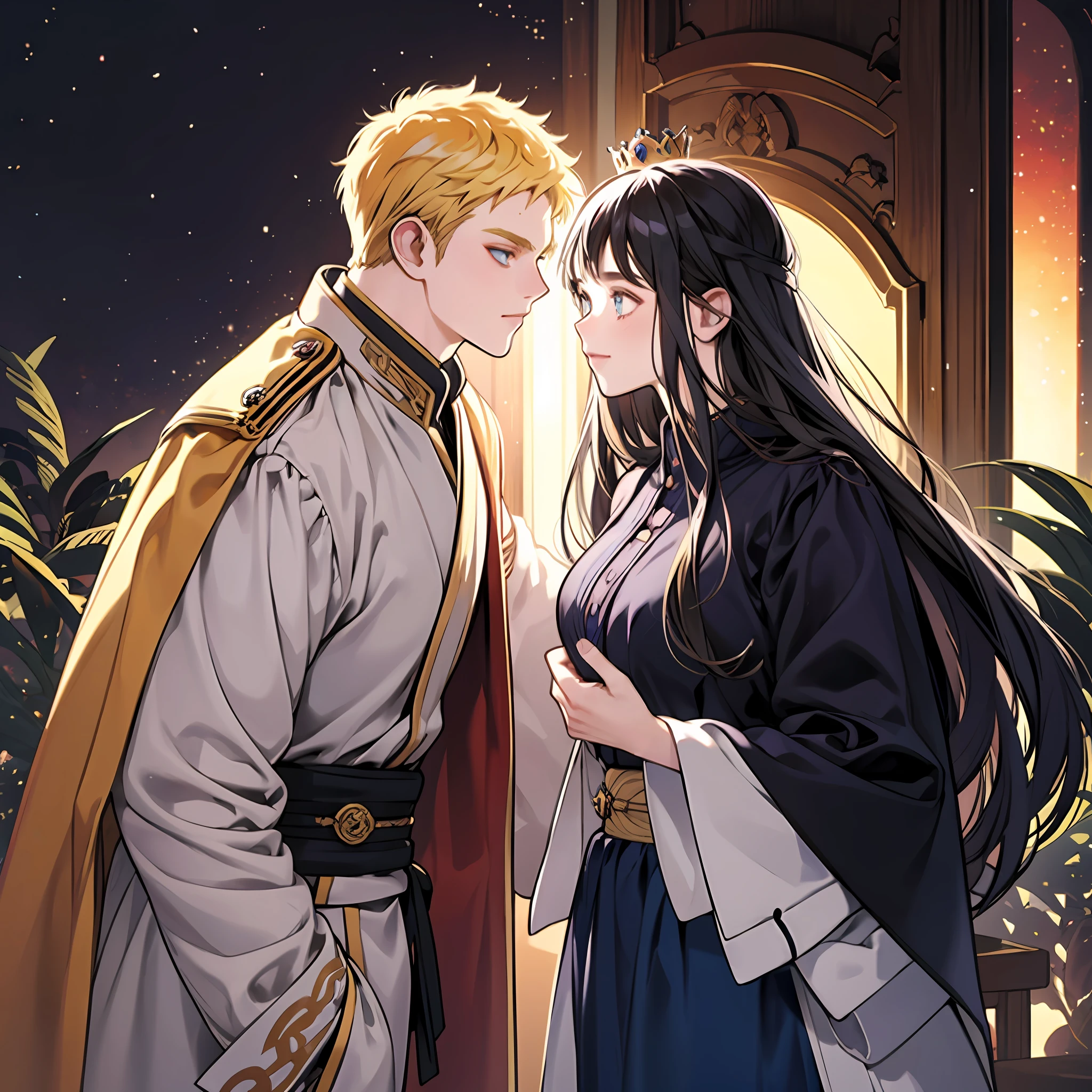 blonde man, dark blue hair girl, naruhina, throne, masterpiece, couple, standing, royalti, nobility, (((crowns))), king, queen, looking into each other eyes, romantic