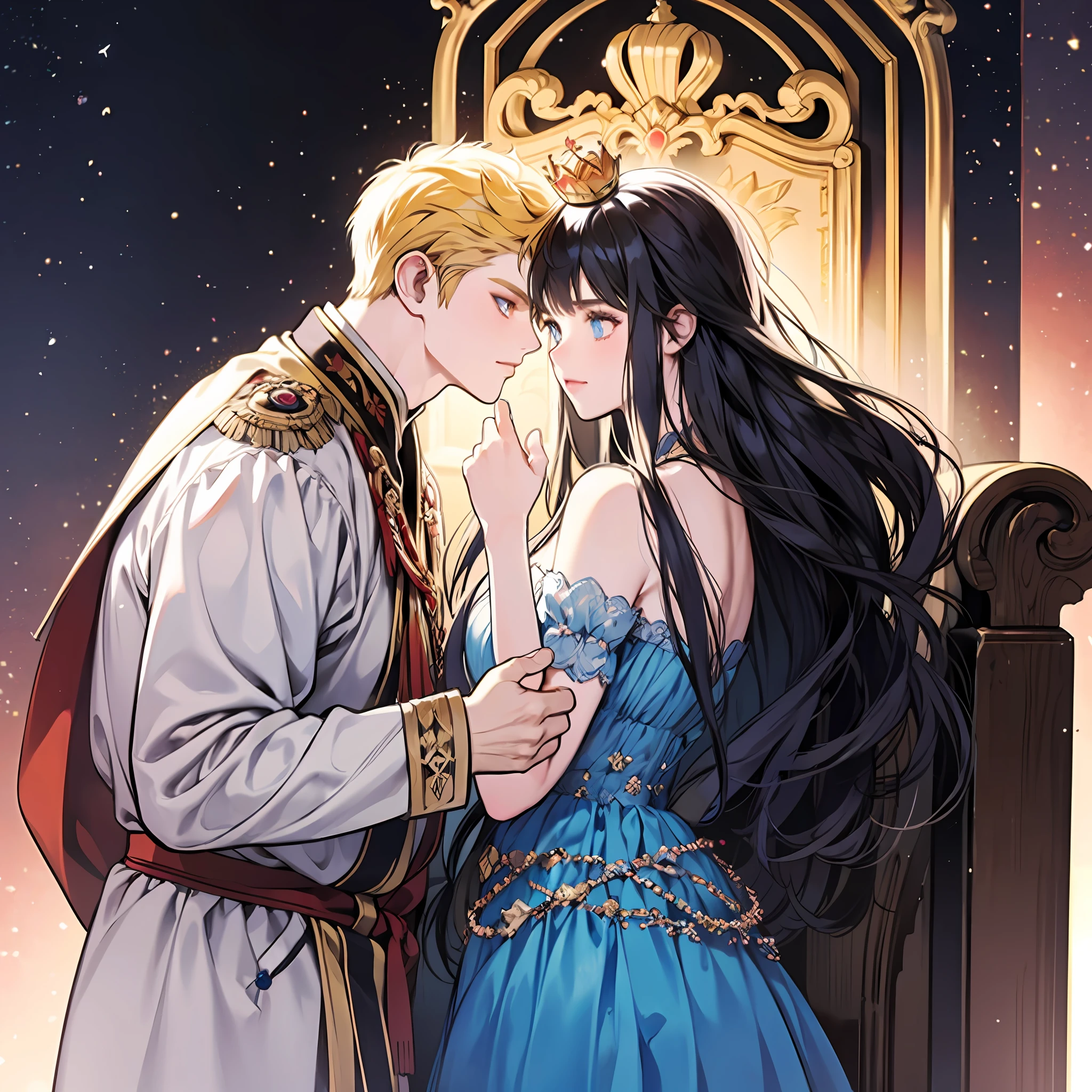 blonde man, dark blue hair girl, naruhina, throne, masterpiece, couple, standing, royalti, nobility, (((crowns))), king, queen, looking into each other eyes, romantic
