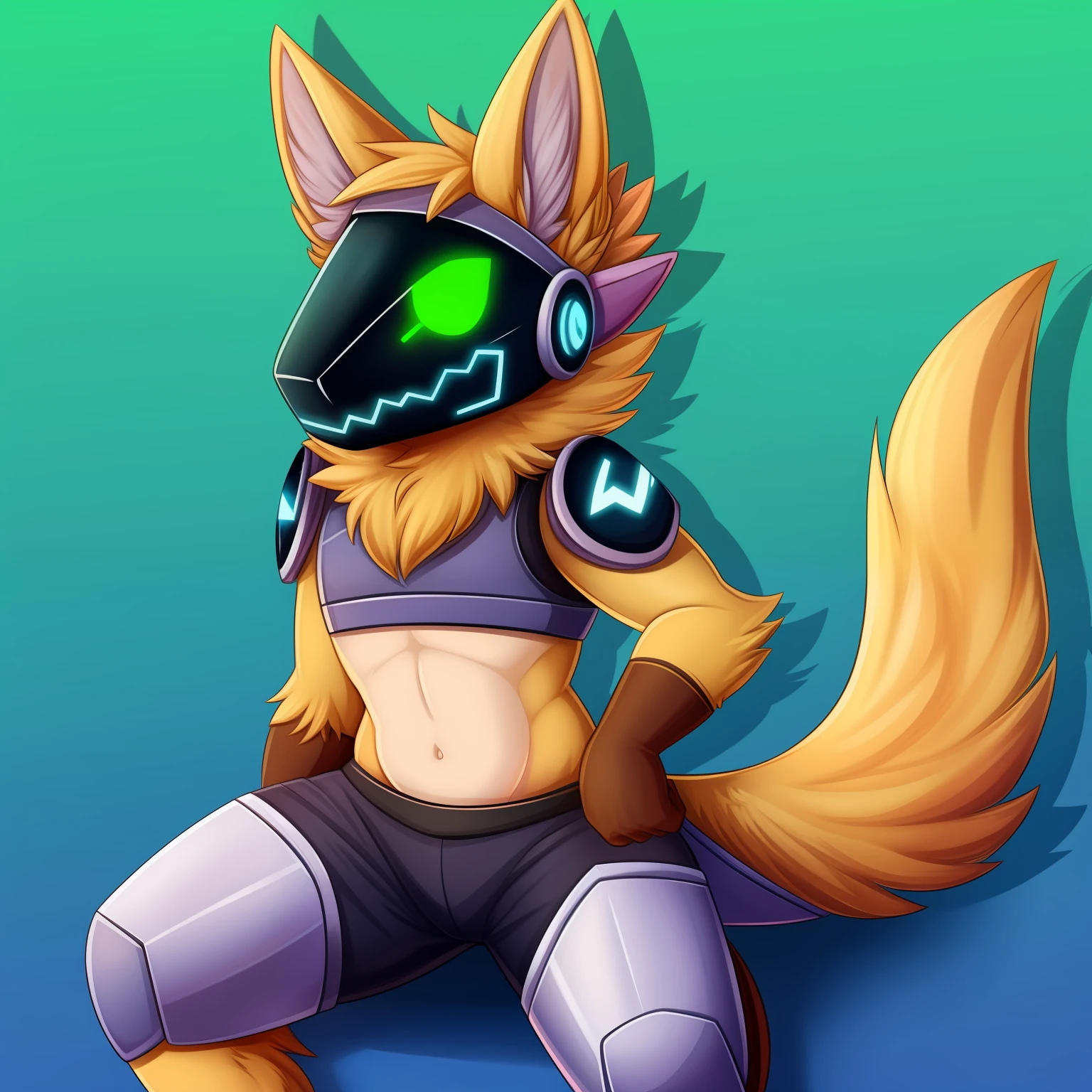Protogen, pelaje plateado y ojos verdes, pelaje suave, cuerpo detallado, de pie