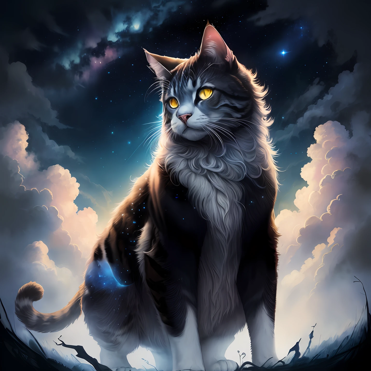 ((high quality, masterpiece:1.4)), many cats, ((blue, black or white fur,  blue or black eyes, fantasy, beautiful appearance, perfect proportion)), ((some noon and some midnigth, same starry sky or same sky background:1.2, majestic clouds)), best lighting, absurdres, high details, intricate, intricate details, sharp focus, screen space reflextions, RTX, edge lighting, rim light, rimlighting, best lighting