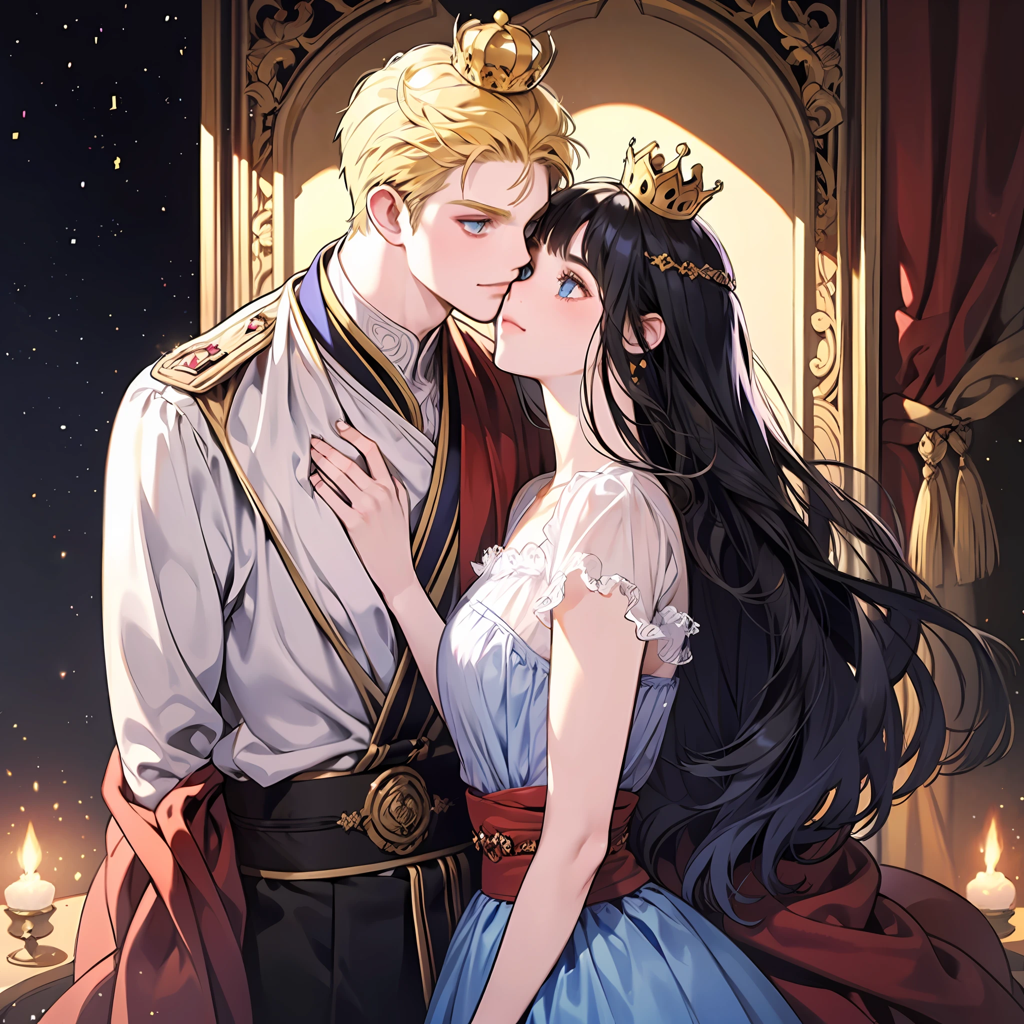 blonde man, dark blue hair girl, naruhina, throne, masterpiece, couple, standing, royalti, nobility, (((crowns))), king, queen, looking into each other eyes, romantic