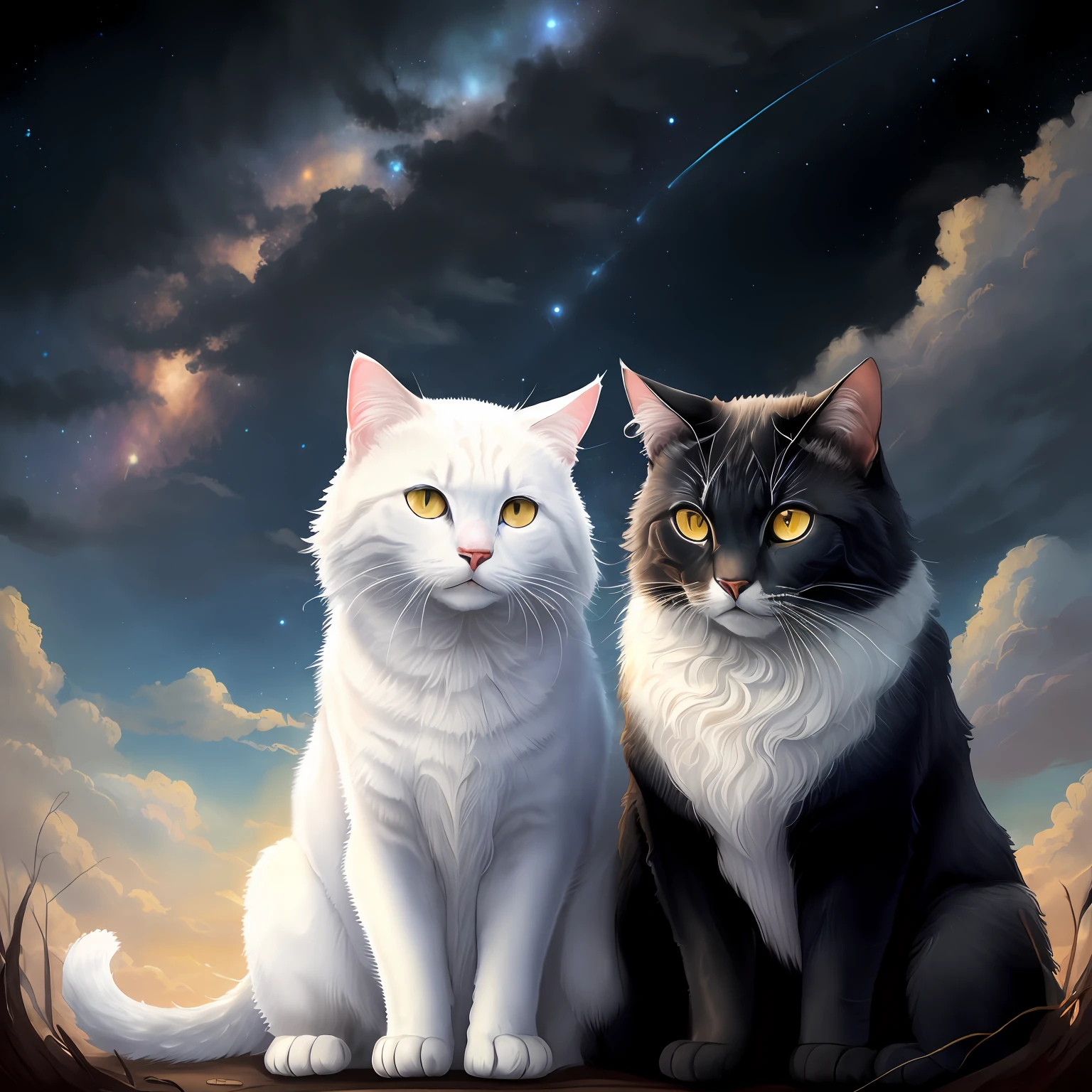 ((high quality, masterpiece:1.4)), many cats, ((blue, black or white fur, blue or black eyes, fantasy, beautiful appearance, perfect proportion)), ((some noon and some midnigth, same starry sky or same sky background:1.2, majestic clouds)), best lighting, absurdres, high details, intricate, intricate details, sharp focus, screen space reflextions, RTX, edge lighting, rim light, rimlighting, best lighting