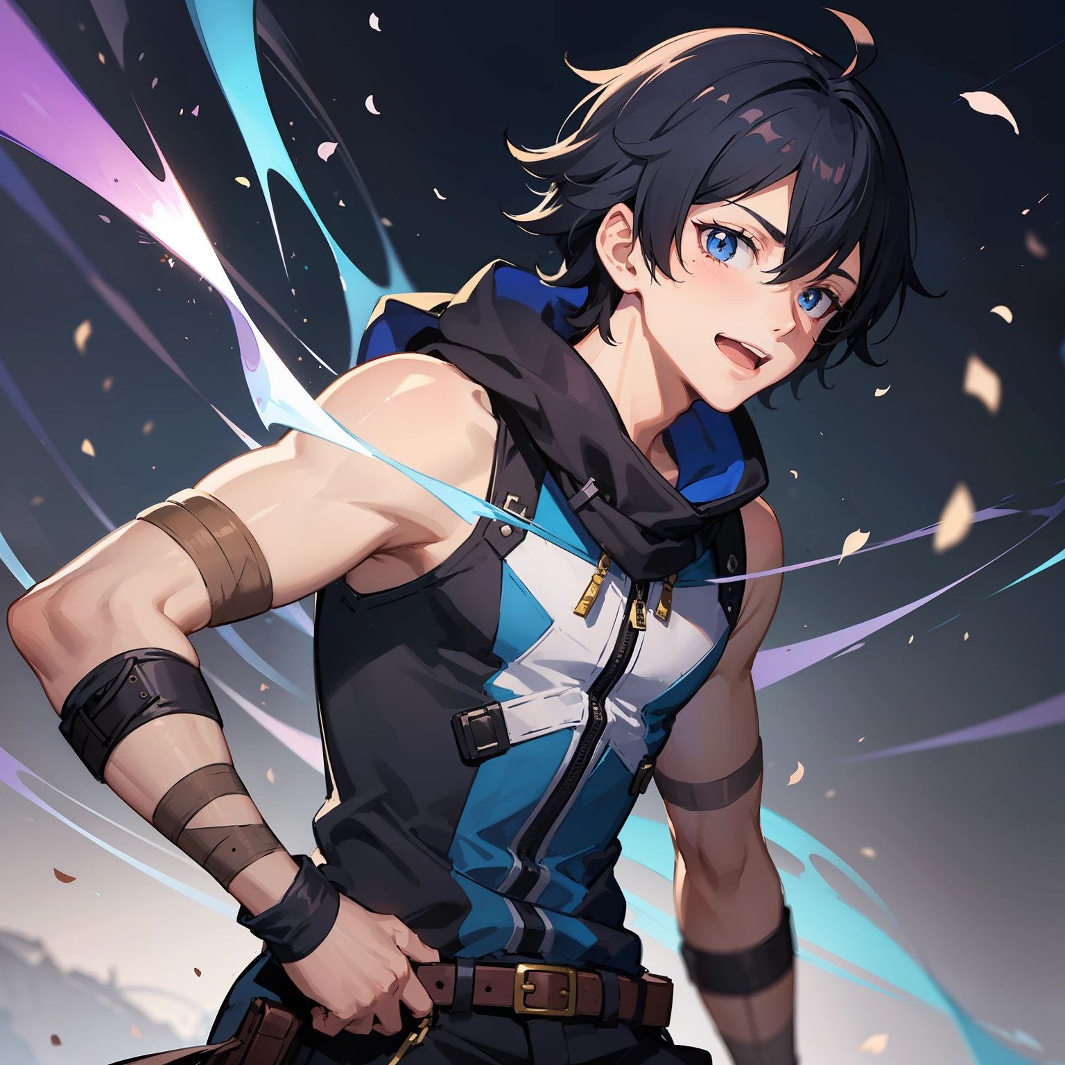 19-year-old boy, pelo azul oscuro erizado, Fantasy adventurer clothing, Sports tape on the wrists on the hands, pose de pelea, escenas de pelea, lanzando poderes azules, sonrisa animada,  protagonista de anime shounen de peleas