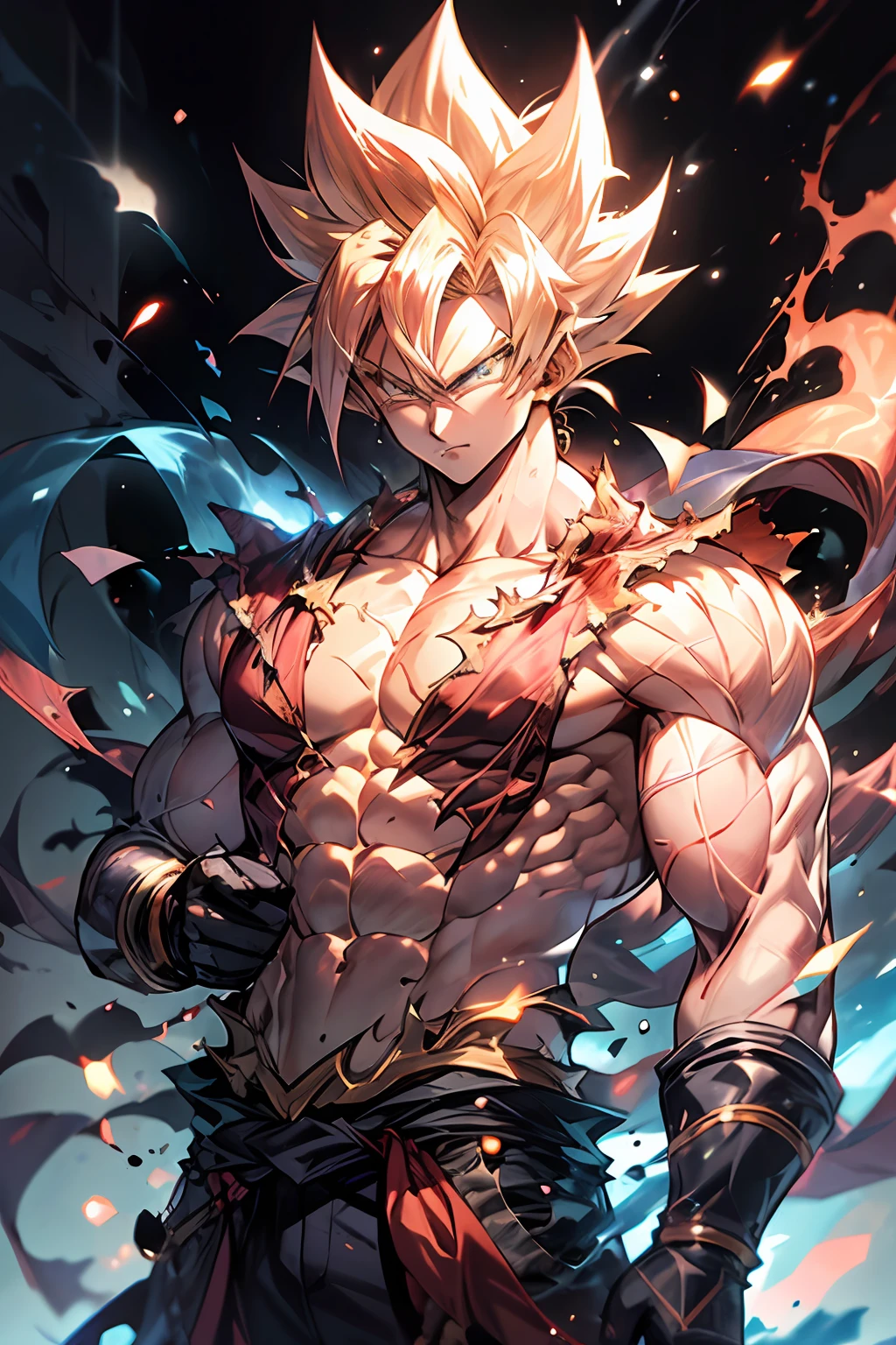 1 boy,(male focus:1.1),(male muscles:1.2),SAIYA,(looking at viewer),(white eye:1.2),(pectoral),(abdominal muscle),(big muscle),(pink hair:1.2),super saiyan,