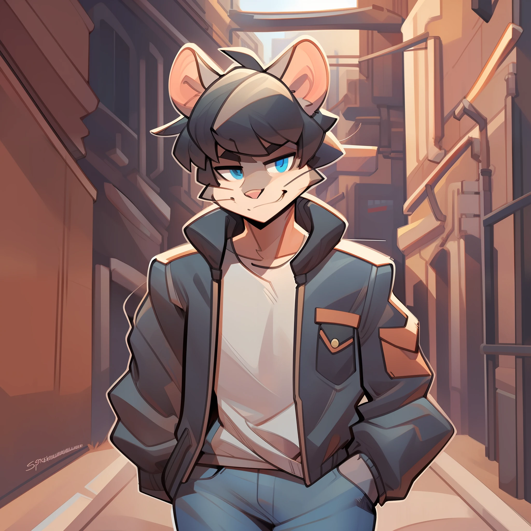 (((By spikedmauler))), solo, male, rat, pink nose, grey fur, blue eyes, black hair, hair right above eyes, short hair, bangs, fringe, slim, detailed hands, brown bomber jacket, ripped blue jeans, smirking, crooked whiskers, tired eyes, alleyway, pink inner ear