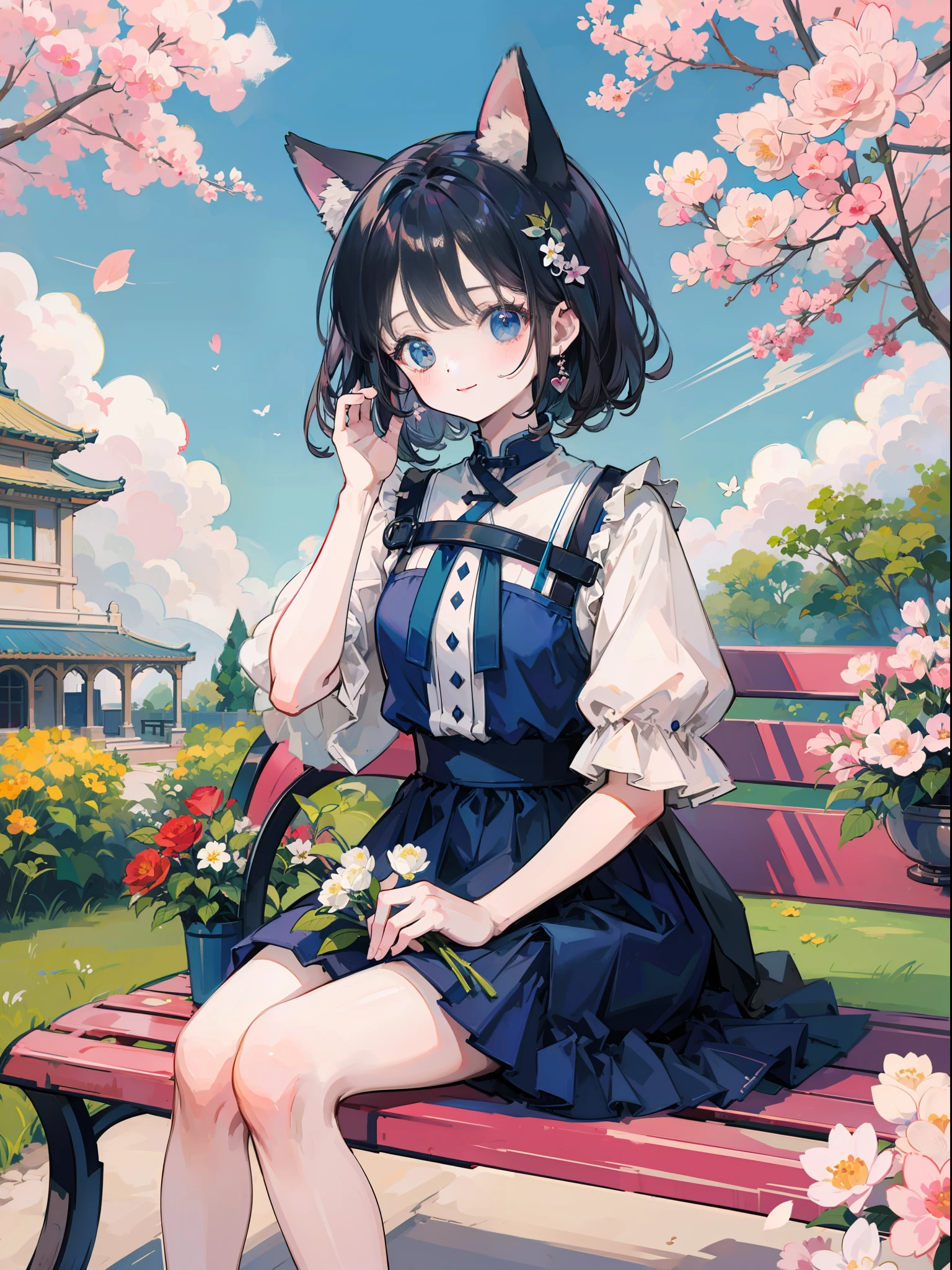 Anime Pictures。Bright and pretty shades。A cute woman with cat ears of about 18 years old sits on a bench in the pavilion of a garden full of flowers。Beautiful blue sky。Gentle smile。Clothing designed in the image of Hungarian national costume。mini-skirts。Flowers are fluttering。Extremely high quality、Extremely high image quality、masute piece、Best-aesthetic