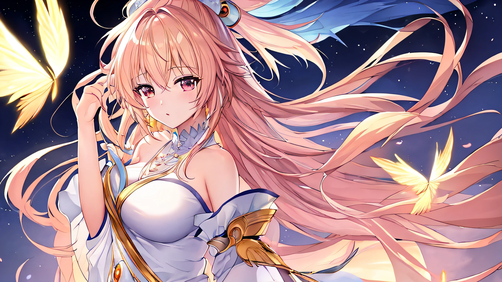 ((Masterpiece)), 1girl, flying through the sky, (sakura_kinomoto:sakura card captors), white leotard, white pleated skirt, pink tight gloves, ruffled stockings, beautiful wings, perfect body, sexy body, petite, super beautiful, panorama, side view, looking away, ((good anatomy, normal anatomy)), ((good hands)), ((good fingers)), ((good feet)), highly detailed, best quality, masterpiece, absurderes, cinematic lightning