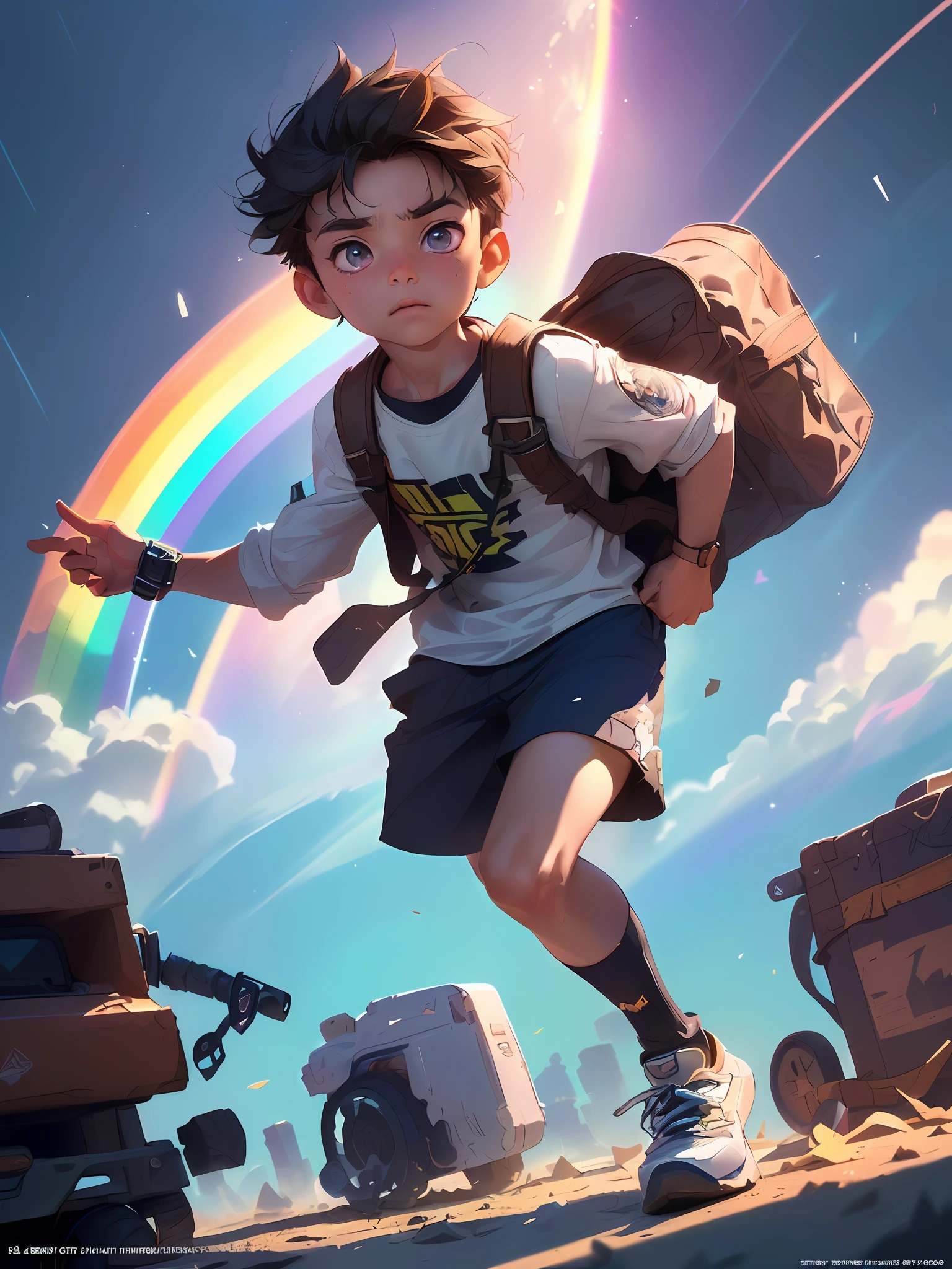 (((Rainbow Daytime Sky)), boy, towards the future, masterpiece, highest quality, ((Photorealistic: 1.4)) Masterpiece, illustration, very delicate and beautiful, highly detailed CG, 8k wallpaper, amazing, fine detail, highly detailed CG Unity 8k wallpaper, huge file size, super detail, ultra high resolution, high resolution, very detail, (( Very detailed eyes and face)), beautiful detailed eyes, very detailed face, perfect lighting, face light, natural colors, ((10-year-old boy)), departure, (rough style with the whole body including both legs)), the future is bright, (((rainbow daytime sky)), lights from the front, glowing eyes,