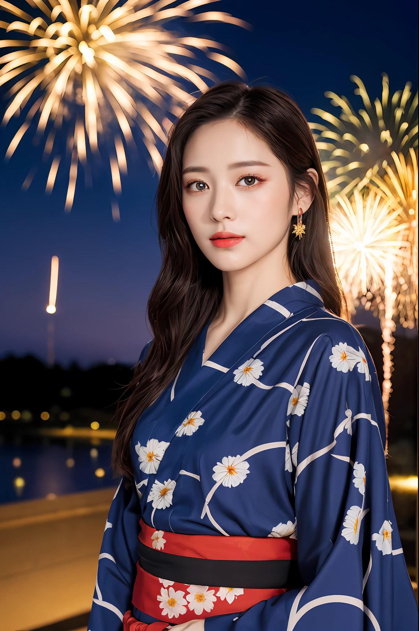 ((masterpiece, highest quality, super definition, high definition)), solo, beautiful girl, shining eyes, perfect eyes, beautiful sister in Japan, yukata with red floral pattern, fireworks background, high quality, 4K.