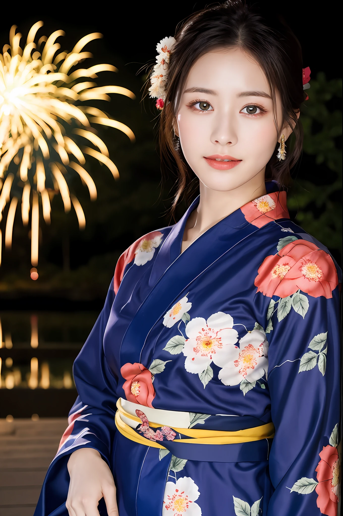 ((masterpiece, highest quality, super definition, high definition)), solo, beautiful girl, shining eyes, perfect eyes, beautiful sister in Japan, yukata with red floral pattern, fireworks background, high quality, 4K.