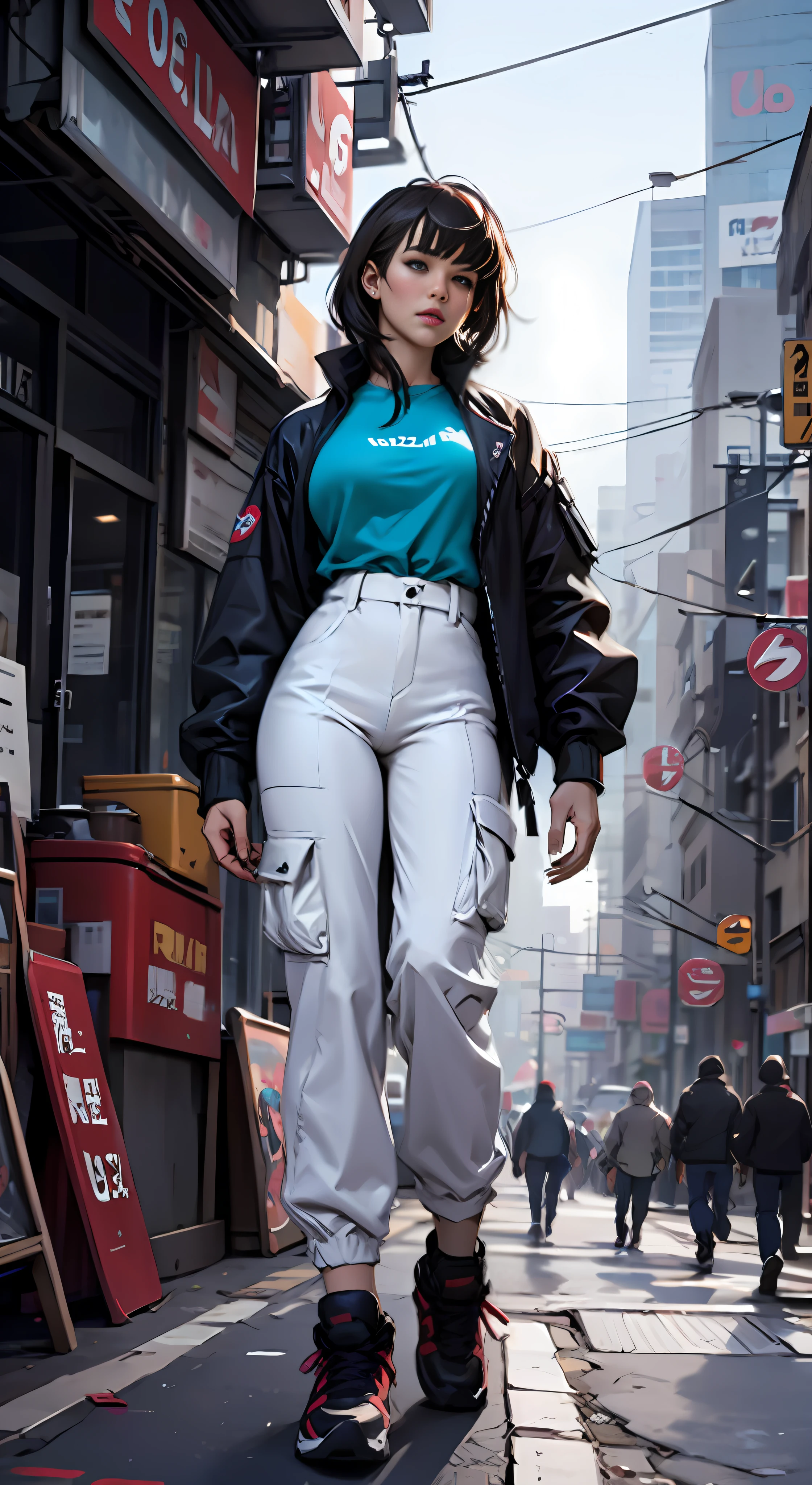 Masterpiece, high definition, ultra detailed, photo realistic, 8k, Full body, standing tall, arafed beautyful lady in black jacket and white pants standing on street corner, high waist cargo pants, tosca-blue T-shirt, cyberpunk city, standing tall, busty, in a city street, Shifted Bangs Japanese Haircut, wearing urban techwear, realistic depiction, standing in a city center, an ultra realistic, promo image, techwear look and clothes, in city street, hyper-realistic, hyper - realistic, wojtek fus, hyper realistic style