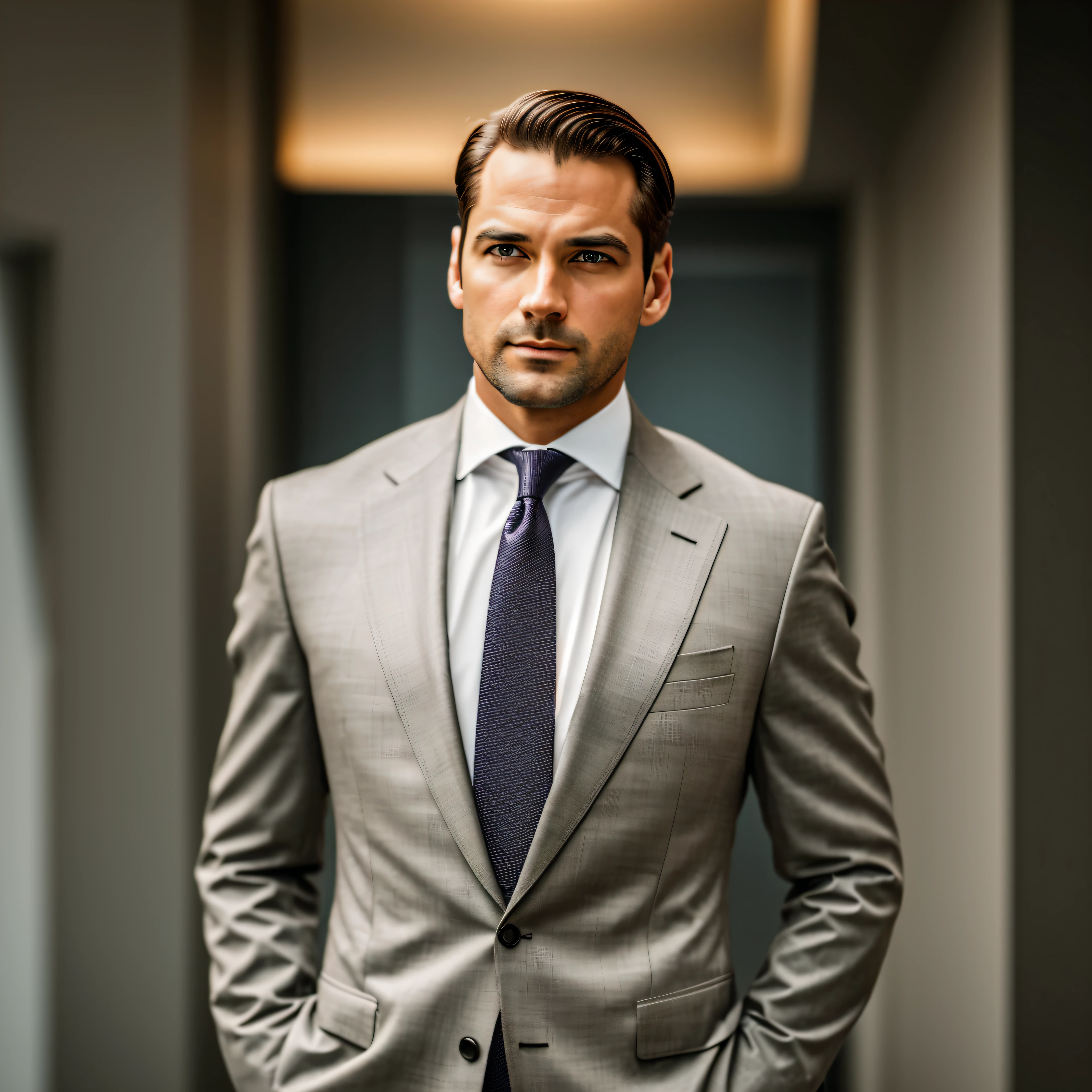 a Man standing with 30 years in suit and tie, body and head straight in the photo, DSRL, facing the viewer of the photo, eyes fixed to the lens, appears shoulders and head in the photo, man centered in the photo, 8k, best quality, masterpiece, realistic, realistic photo, movie photo, ultra realistic, 1 person, detailed, Perfect lighting, DSRL, professional photo, 4k