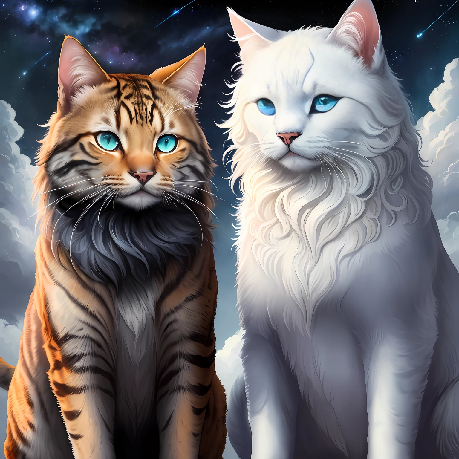 ((high quality, masterpiece:1.4)), more than one cat, ((blue, black or white fur,  blue or black eyes, fantasy, beautiful appearance, perfect proportion)), ((some noon and some midnigth, same starry sky or same sky background:1.2, majestic clouds)), best lighting, absurdres, high details, intricate, intricate details, sharp focus, screen space reflextions, RTX, edge lighting, rim light, rimlighting, best lighting