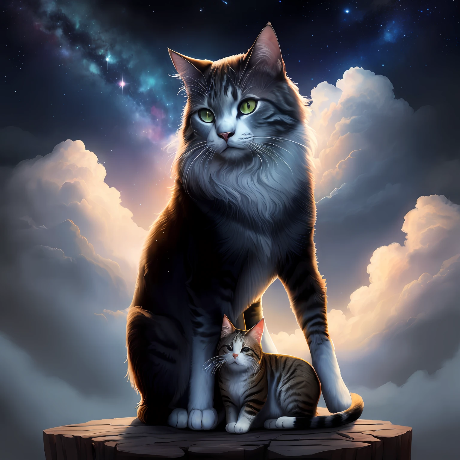 ((high quality, masterpiece:1.4)), more than one cat, ((blue, black or white fur, blue or black eyes, fantasy, beautiful appearance, perfect proportion)), ((some noon and some midnigth, same starry sky or same sky background:1.2, majestic clouds)), best lighting, absurdres, high details, intricate, intricate details, sharp focus, screen space reflextions, RTX, edge lighting, rim light, rimlighting, best lighting