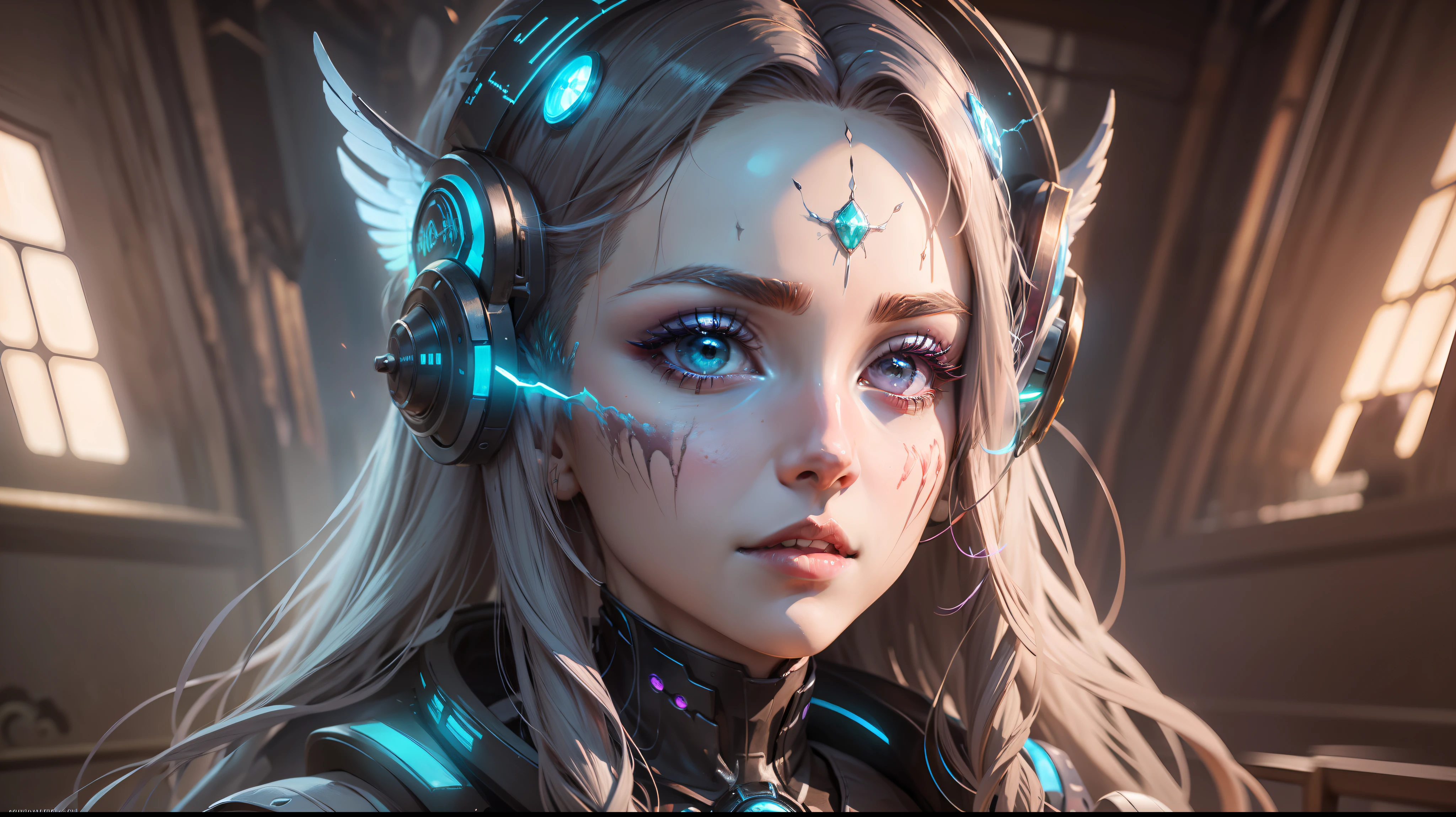 Mulher ninja com fone de ouvido sentido paz, olhos fechados, rosto bonito, cores RGB, cabelo roxo brilhante, colorido anime, fundo brilhante, Banner for youtube video,  feliz, nuvens com cores RGB, cores RGB brilhantes, completo, ser celestial.