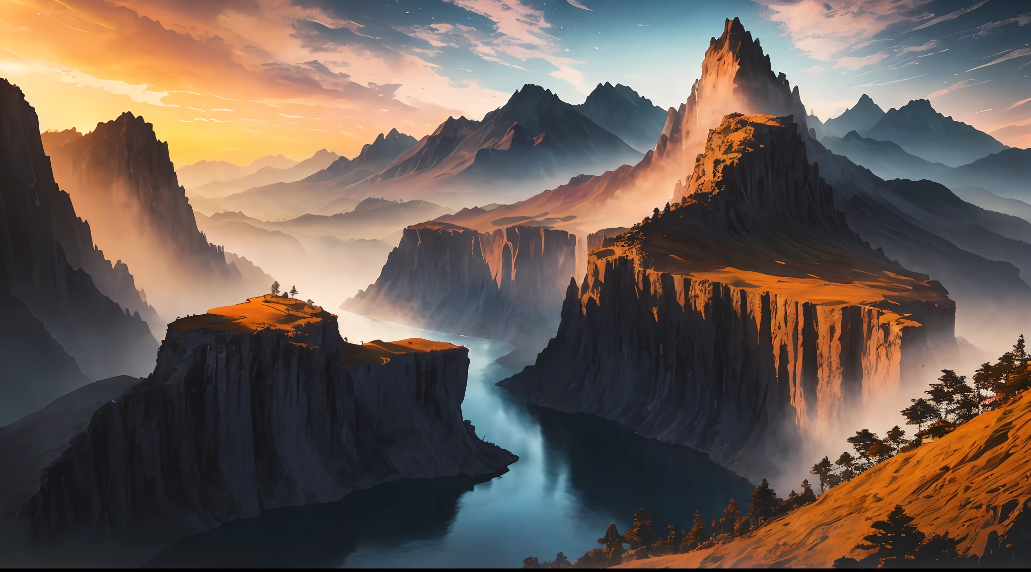 masterpiece, extremely detailed CG unity 8k wallpaper, scenery, outdoors, sky, day, no humans, mountain, landscape, water, (tree:1.2), blue sky, waterfall, cliff, nature, Mountain mist, (sunset:1.2), stone bridge on the hill, lake, river, award winning photography, HDR, extremely detailed, trending on artstation, (light_rays:1.2),(Plants cover mountains:1.2),strending on CGsociety, Intricate, dramatic, motion blur, depth of field, cinematic lighting, chiaroscuro, ray tracing, Bokeh, Depth of Field, bloom, Chromatic Aberration, Photorealistic, High Detail, award winning, best quality, best quality, high quality ,