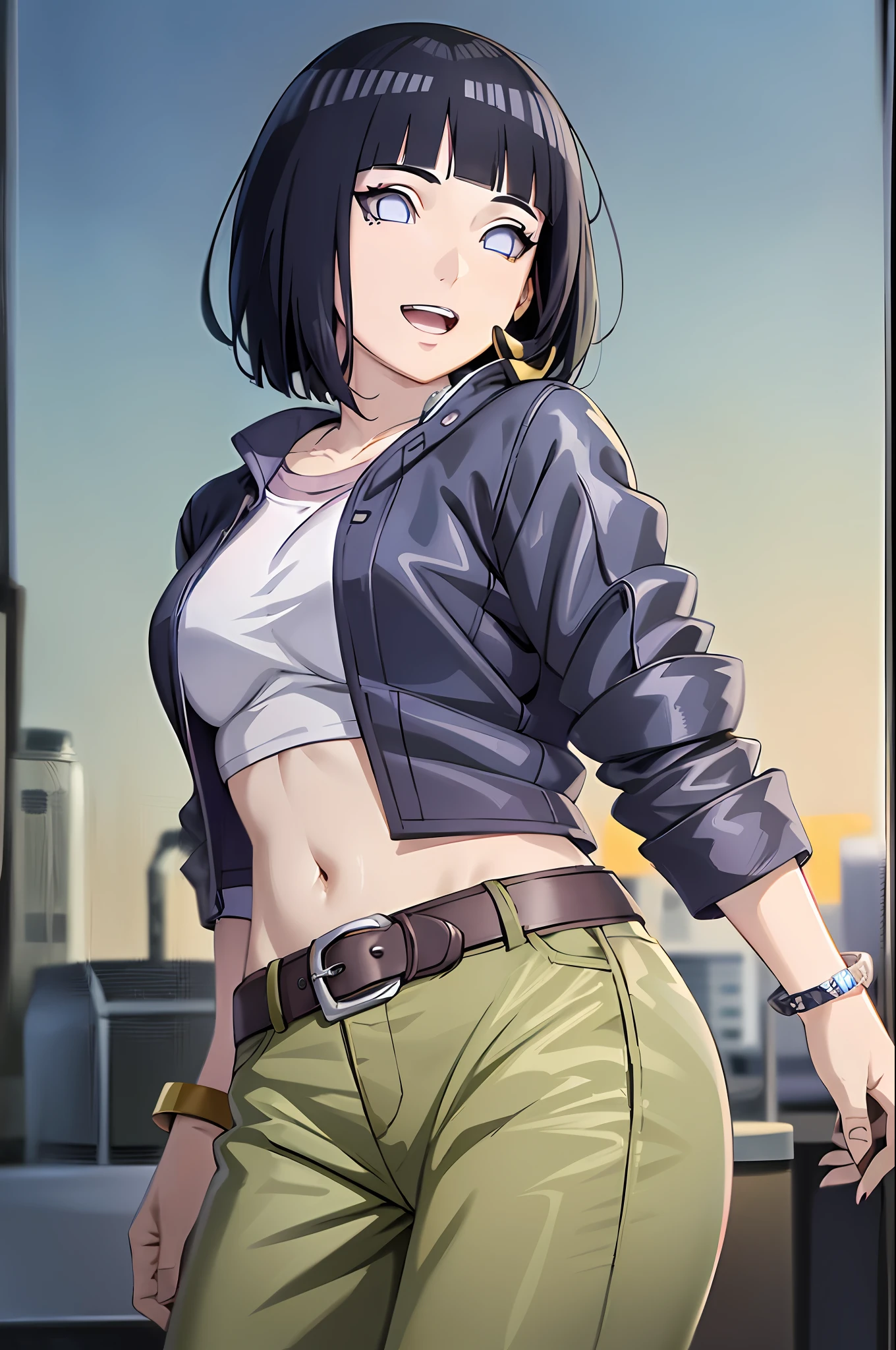 (masterpiece, 2k, anime style:1.9, front shot, cute smile, cute face, open mouth, correct finger anatomy, open jacket, (white crop top, casual trousers, belt, bracelet)), hinata\(boruto\), mature female, standing, (curvy:0.8), (short hair, hime cut), (dark blue hair color:1.1), white, big breasts, flat belly, perfect eyes, anime eyes, smoky eyeliner, eyeshadow, perfect face, shy, sharp focus, professional artwork, intricate details, colorful, vibrant colors, vivid colors, digital blending, ultra detailed body, ultra detail hair, ultra detail face, trending on pixiv, very hot colors, sunrays, leaning sideway