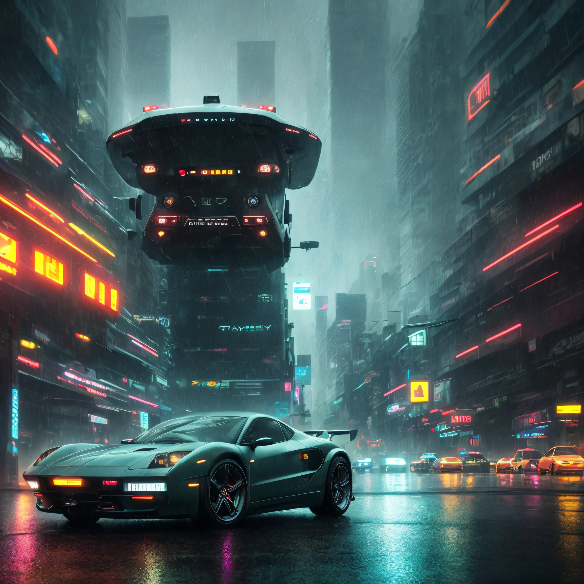 One sheet(The car of the future:1.2)Photo in a rainy cyberpunk city, smoothy, smoothy, organic, aerodynamics, (cinematlic lighting:1.3), Soft cinematic light, HDR, immense details, extremy detailed, photorealistc, professional photoshoot, shiny, Water droplets splash, depth of field --auto