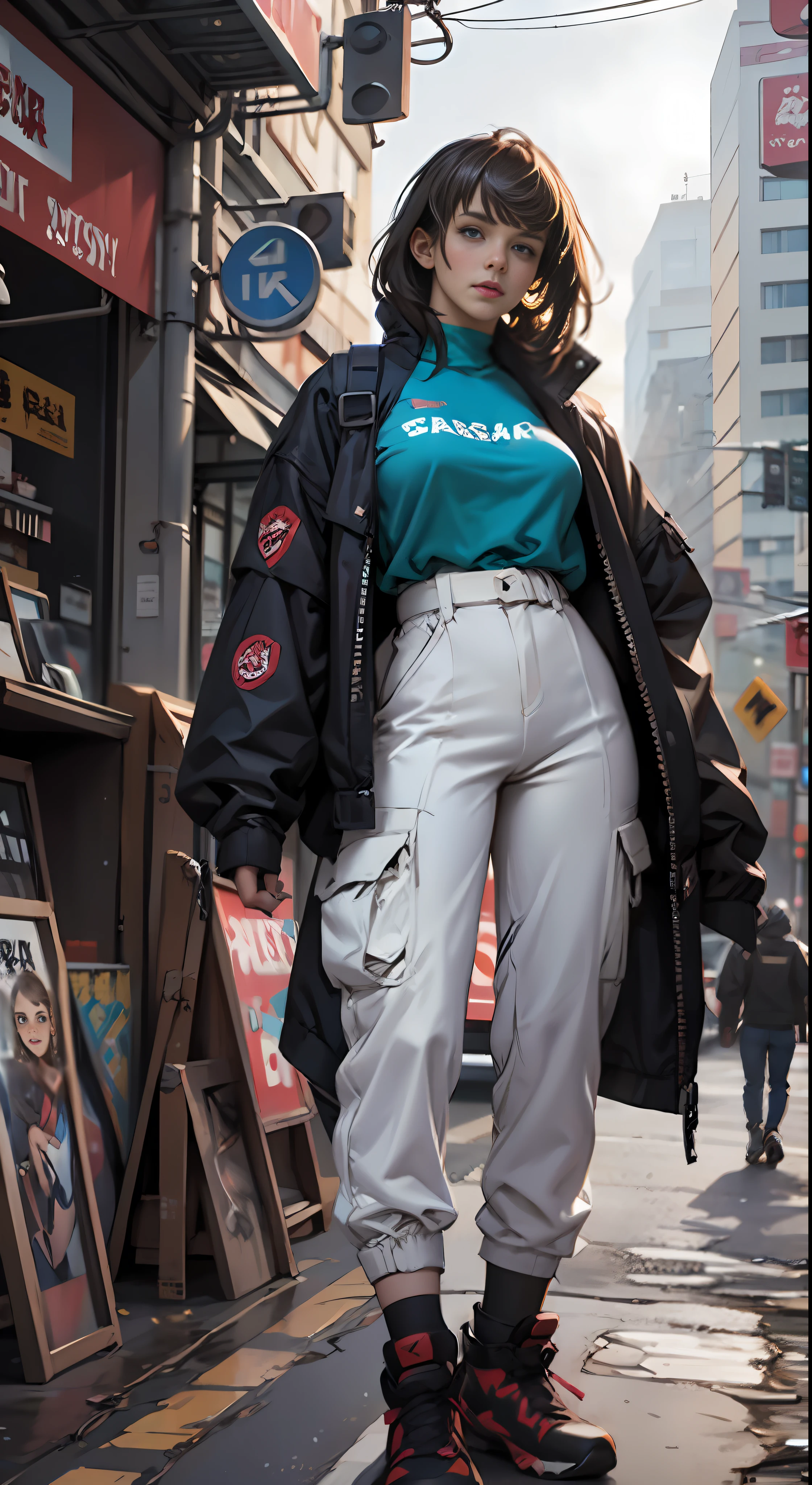 Full body, standing tall, arafed beautyful lady, in black crop jacket, (cream colour) pants standing on street corner, high waist cargo pants, tosca-blue T-shirt, cyberpunk city, standing tall, busty, in a city street, Shifted Bangs Japanese Haircut, wearing urban techwear, realistic depiction, standing in a city center, an ultra realistic, promo image, techwear look and clothes, in city street, hyper-realistic, hyper - realistic, wojtek fus, hyper realistic style