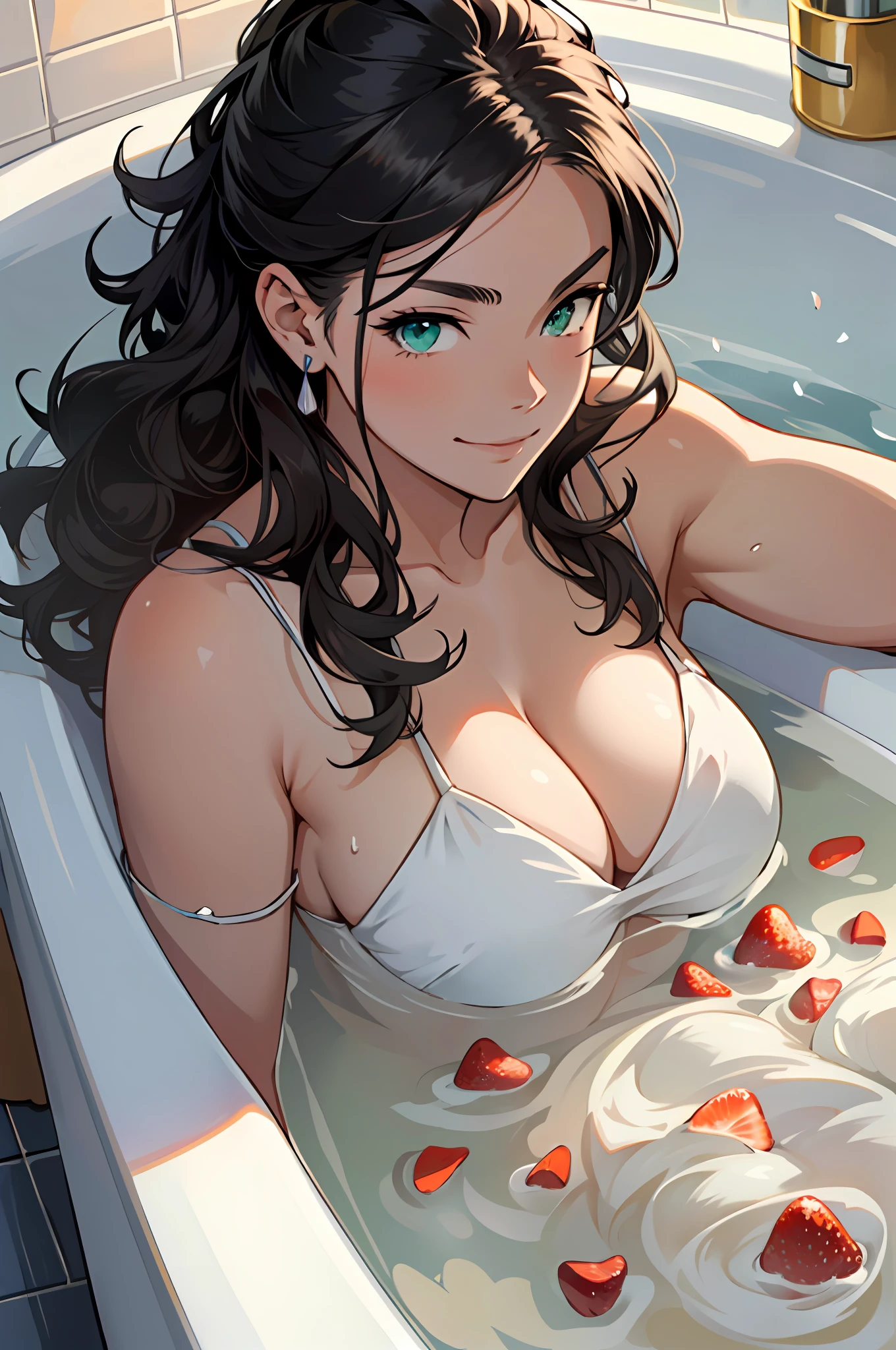 (((A young woman))), the anime, Green eyes, (black hair), Nice face, a smile, the perfect body, Wavy Hair, Long hair, (((brunette woman))), big breastes, ((巨作, 最好质量)), illustration, ультра детализированная 8k, Photorealistic, sharp-focus, Heavily detailed, Professional lighting, colorful details, Rainbow colors, Glowing, intricate detail, bright details, Large bathtub,  Bath with white milk yogurt, rose petals, strawberries, Milk bath, Drops of yogurt on the skin