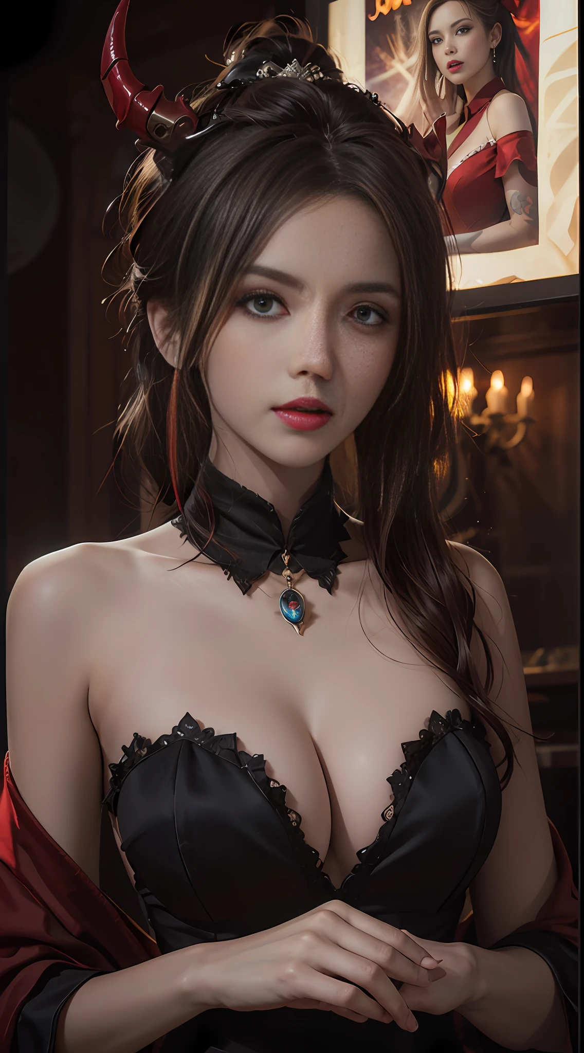 1 beautiful devil woman from hell, In the Dark: 1.6), surreal female portrait by David Hockney and Alphonse Mucha, fantasy art, korea doll, photorealism, dynamic lighting, artstation, poster, volumetric lighting, very detailed faces, 8k ultra, Awarded, in the dark, deep shadow, low key, cowboy lens, (Red phoenix dress: 1.4), long hair, black hair, bust, luxurious palace, Royal style, devil crown, red eyes make up very sharp and detailed, The most beautiful face, The breasts are very big and round and round, Super realistic, chinese women's clothing, polo neck sweater, Charming smile, The eyes are very well made up, guweiz, devil style, wearing black mesh socks, Ponytail with a bow tied at the back of the hair, Red black lips, Devil tattoo on shoulder, wearing a thin red and black robe, the landscape is overcast and thunderous, (Portrait), Close-up of the main character, (Background details 1.8), large breasts:1.1