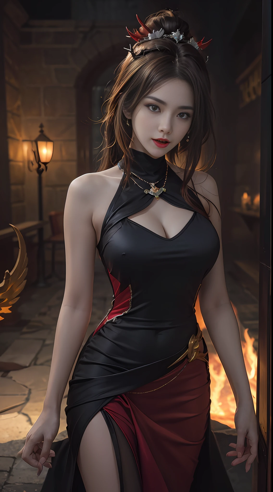 1 beautiful devil woman from hell, In the Dark: 1.6), surreal female portrait by David Hockney and Alphonse Mucha, fantasy art, korea doll, photorealism, dynamic lighting, artstation, poster, volumetric lighting, very detailed faces, 8k ultra, Awarded, in the dark, deep shadow, low key, cowboy lens, (Red phoenix dress: 1.4), long hair, black hair, bust, luxurious palace, Royal style, devil crown, red eyes make up very sharp and detailed, The most beautiful face, The breasts are very big and round and round, Super realistic, chinese women's clothing, polo neck sweater, Charming smile, The eyes are very well made up, guweiz, devil style, wearing black mesh socks, Ponytail with a bow tied at the back of the hair, Red black lips, Devil tattoo on shoulder, wearing a thin red and black robe, the landscape is overcast and thunderous, (Portrait), Close-up of the main character, (Background details 1.8),