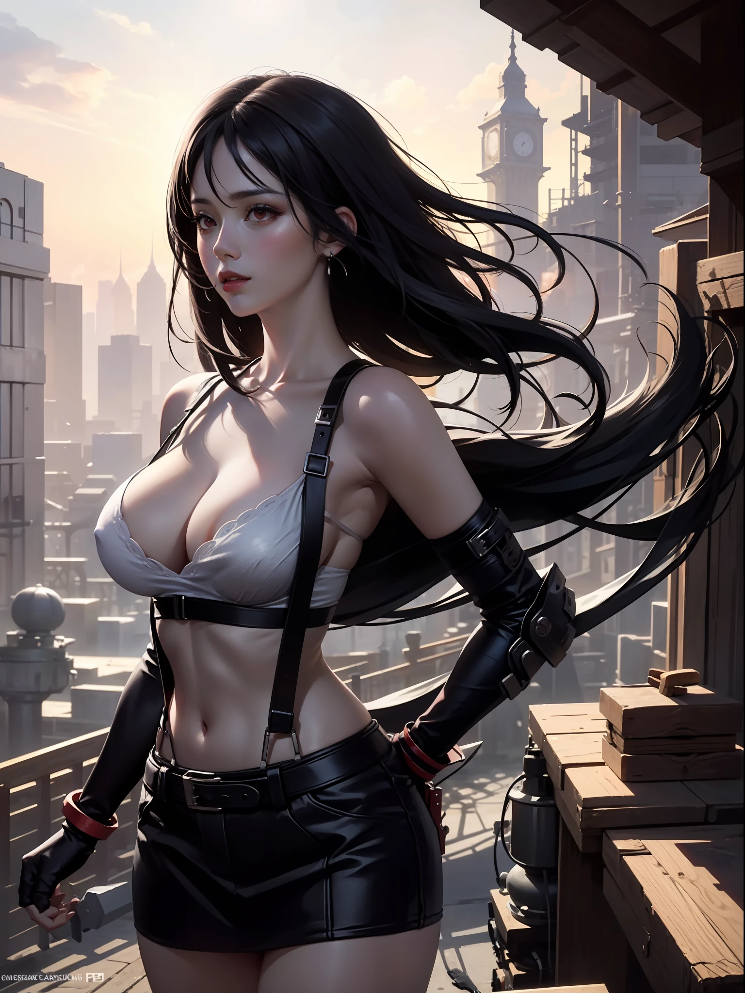 official art, unity 8k wallpaper, ultra detailed, beautiful and aesthetic, masterpiece, best quality, (zentangle, mandala, tangle, entangle), (fractal art:1.3) , 1girl, extremely detailed, dynamic angle, cowboyshot, the most beautiful form of chaos, elegant, a brutalist designed, vivid colours, romanticism, by james jean, roby dwi antono, ross tran, francis bacon, michal mraz, adrian ghenie, petra cortright, gerhard richter, takato yamamoto, ashley wood, atmospheric. Tifa lockhart, long black hair, red eyes, hair bangs, white tank top, black miniskirt, suspenders, stockings, huge breasts, cleavage, sunset sky