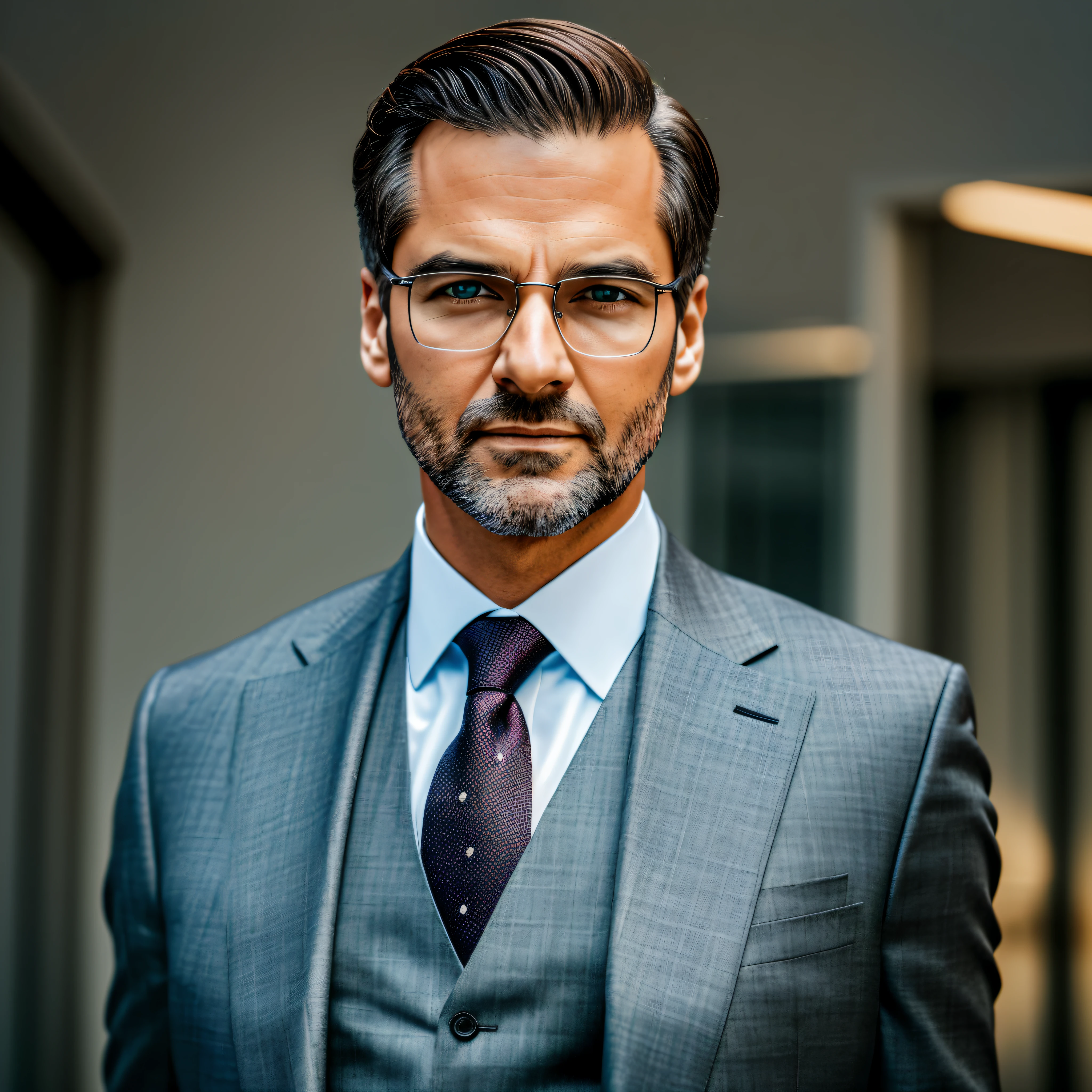 a Man standing with 30 years in suit and tie, body and head straight in the photo, DSRL, facing the viewer of the photo, eyes fixed to the lens, appears shoulders and head in the photo, man centered in the photo, 8k, best quality, masterpiece, realistic, realistic photo, movie photo, ultra realistic, 1 person, detailed, Perfect lighting, DSRL, professional photo, 4k --auto --s2