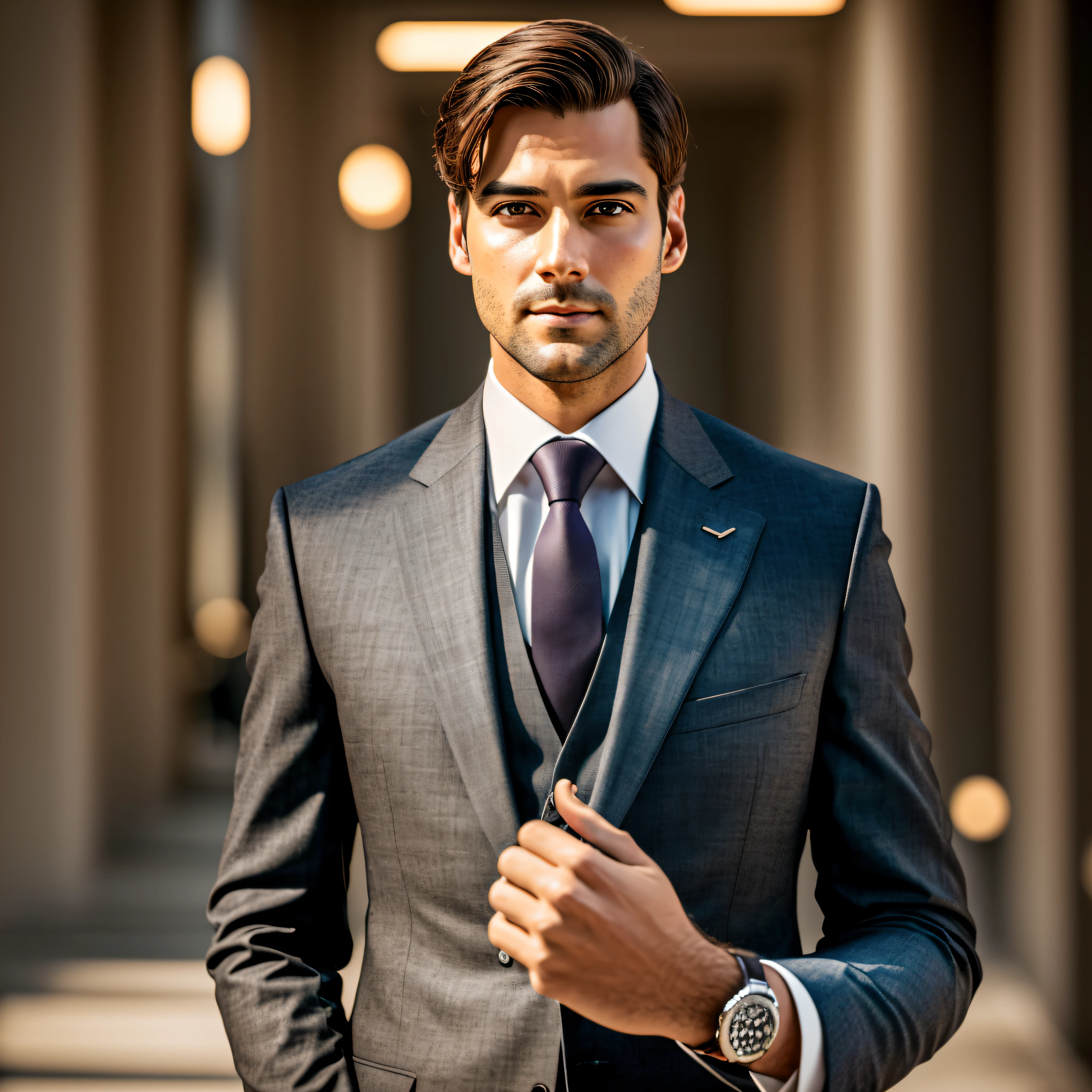 a Man standing with 30 years in suit and tie, body and head straight in the photo, DSRL, facing the viewer of the photo, eyes fixed to the lens, appears shoulders and head in the photo, man centered in the photo, 8k, best quality, masterpiece, realistic, realistic photo, movie photo, ultra realistic, 1 person, detailed, Perfect lighting, DSRL, professional photo, 4k --auto --s2