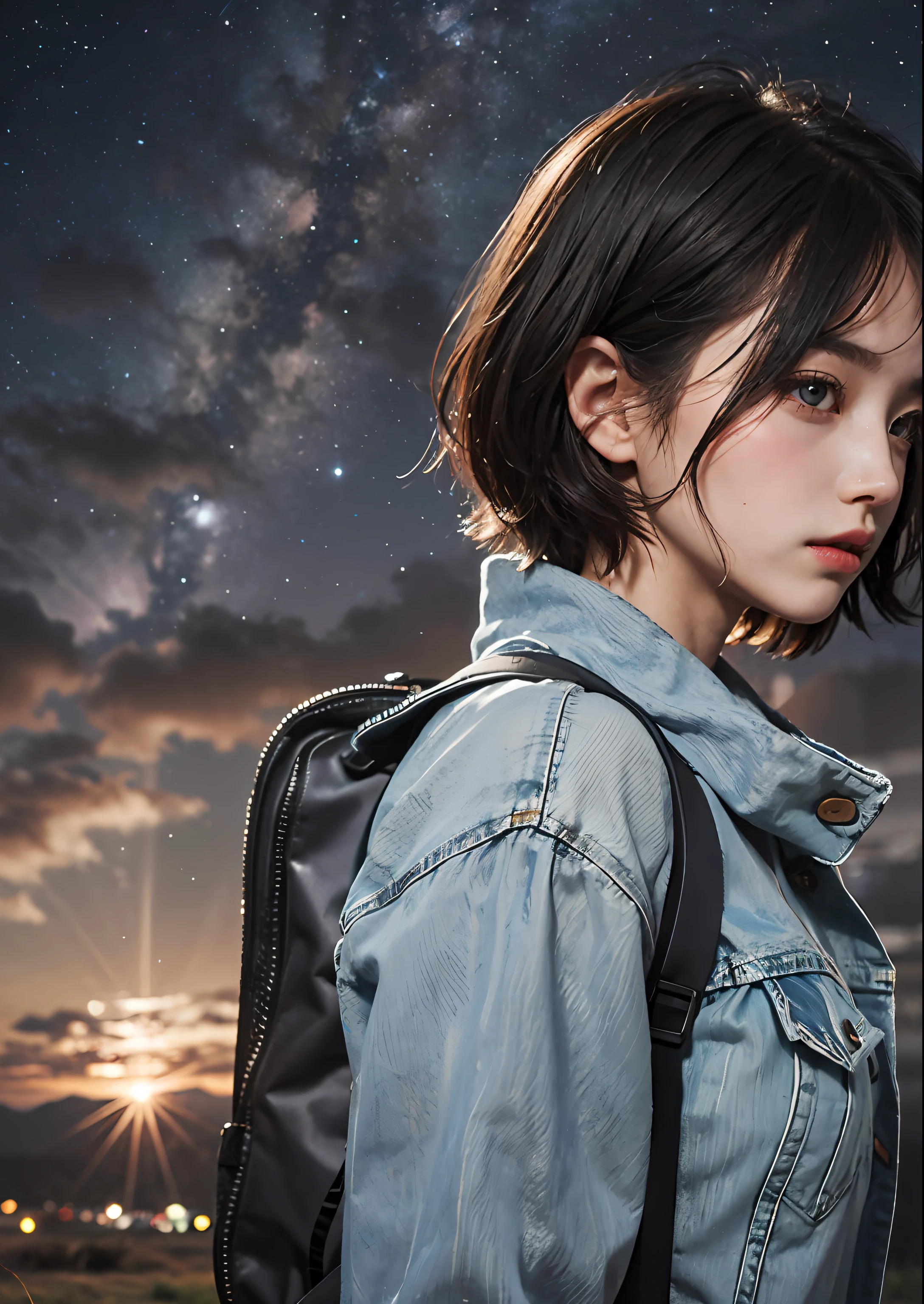 The vast starry sky，the beautiful skyline，Large grasslands，Intense and dramatic imagery，the moving visual effects，the high-hanging Polaris，Colorful natural light。A long-sleeved top，denim short，A girl with short hair carrying a backpack。