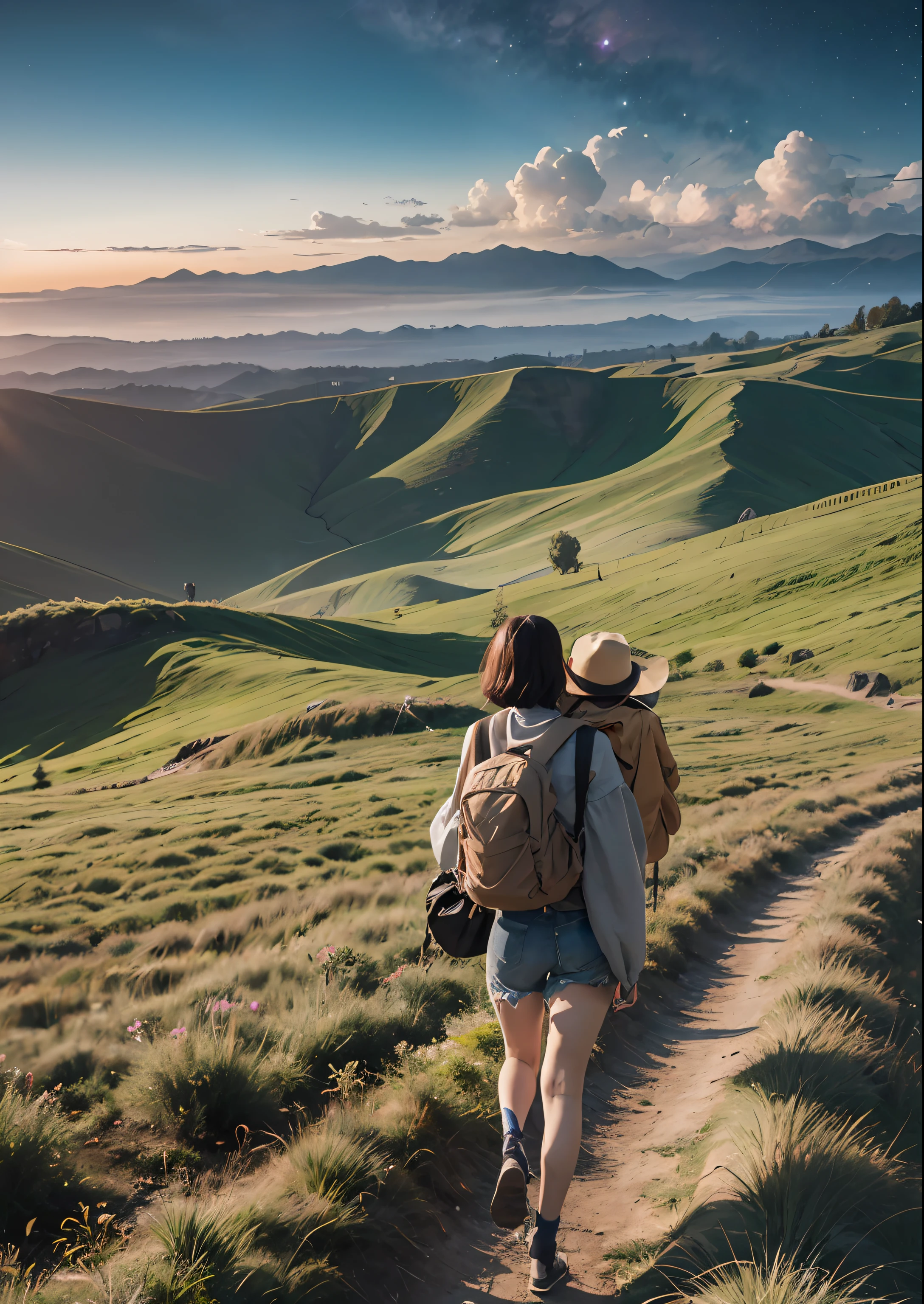 The vast starry sky,the beautiful skyline,Large grasslands,Intense and dramatic imagery,the moving visual effects,the high-hanging Polaris,Colorful natural light。A long-sleeved top,denim short,A girl with short hair carrying a backpack。