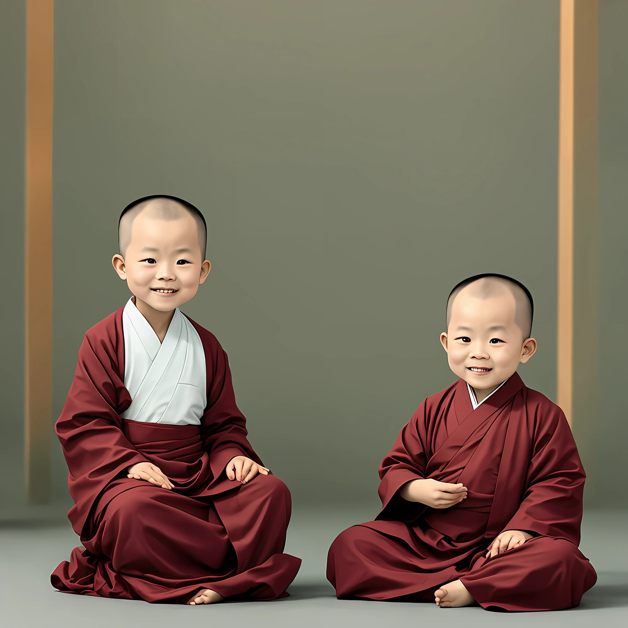 A 2-year-old Chinese monk,round facedressed in a monk's uniform,with hands folded on his chestsitting cross legged and smiling, In the temple,Disney style--ar3:4--Q5--V 5
