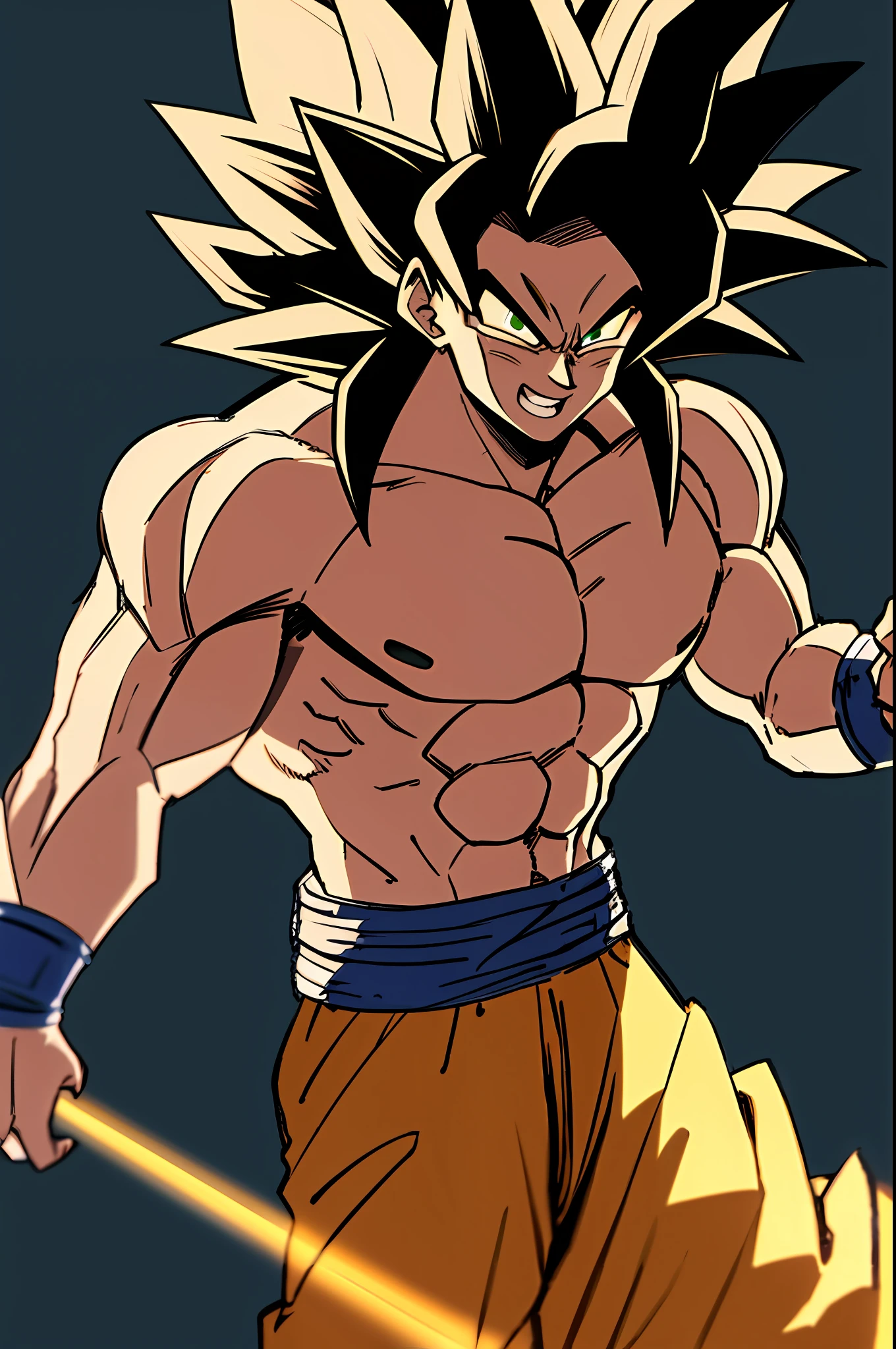 son goku, 1boy, bravo, dano de batalha, cabelo preto, faixa azul, dentes cerrados, furioso, olhos verdes, foco masculino, musculoso, macho musculoso, peitorais, faixa, solo, cabelo espetado, super saiyan 4 , super saiyan 4, dentes, homem em topless, roupas rasgadas, pulseira, ((obra-prima))