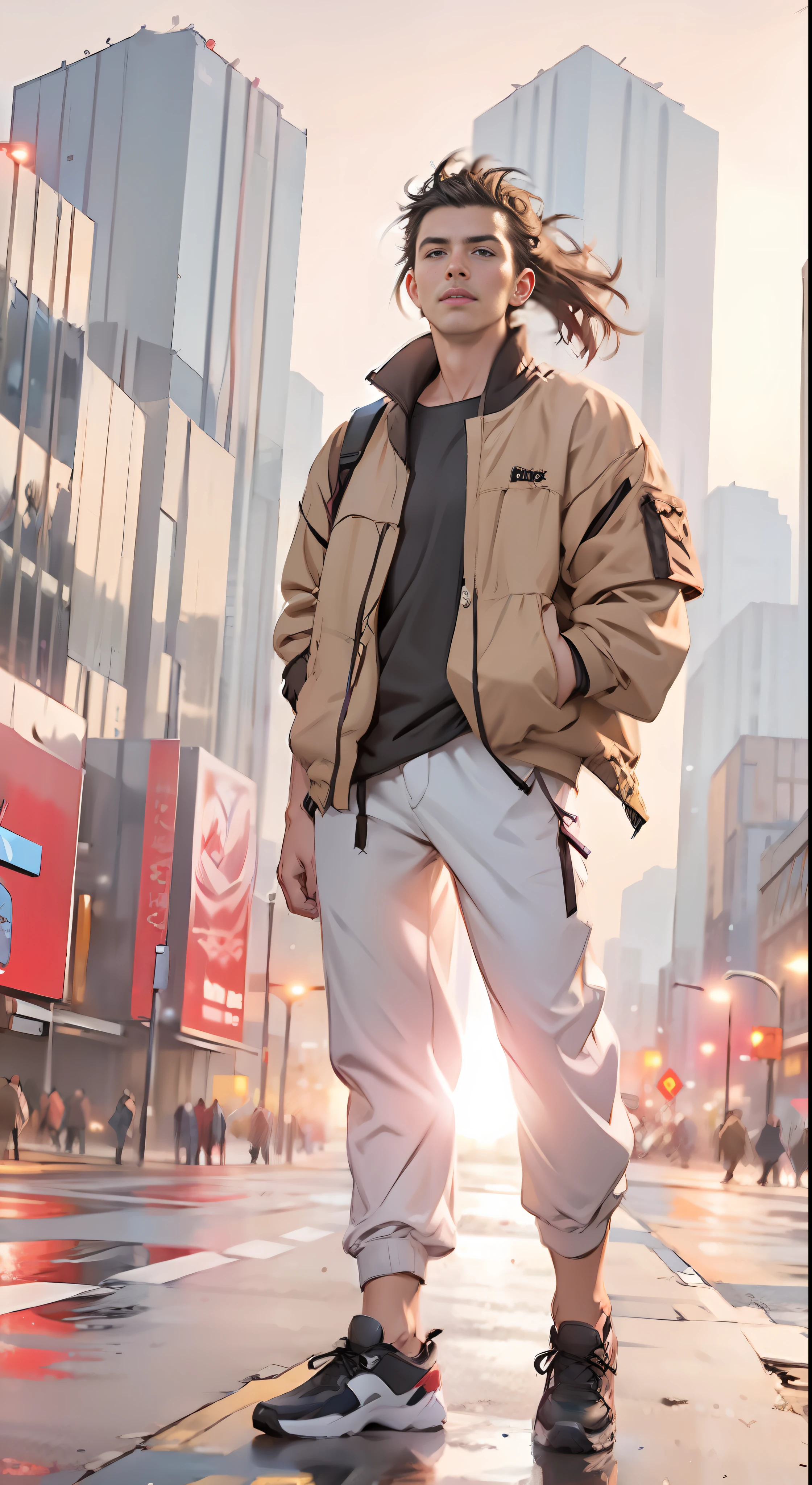 Full body, standing tall, pale lips colour, arafed man in brown jacket and white pants standing on street corner, ankle cargo pants. cyberpunk city, standing tall, thin body, in a city street, Mullet Haircut, wearing urban techwear, realistic depiction, standing in a city center, an ultra realistic, promo image, techwear look and clothes, in city street, hyper-realistic, hyper - realistic, wojtek fus, hyper realistic style, black laced-shoes